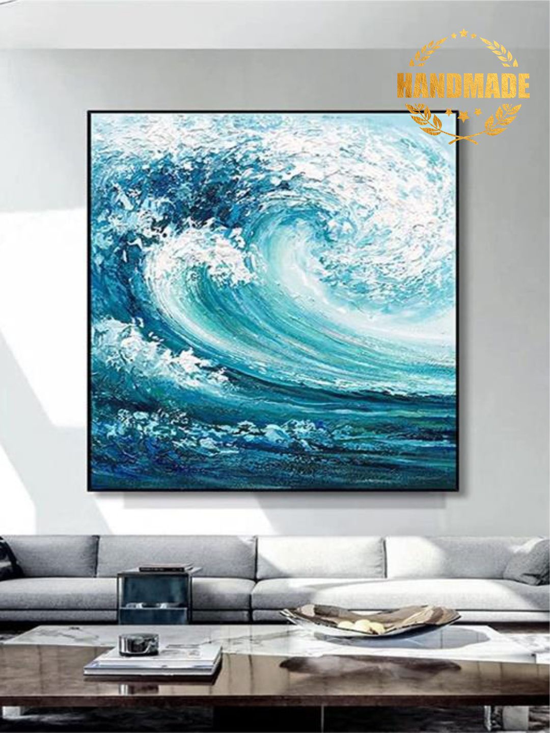 

THE HANDMADE FLAIR Blue & White Abstract Painting Wall Art