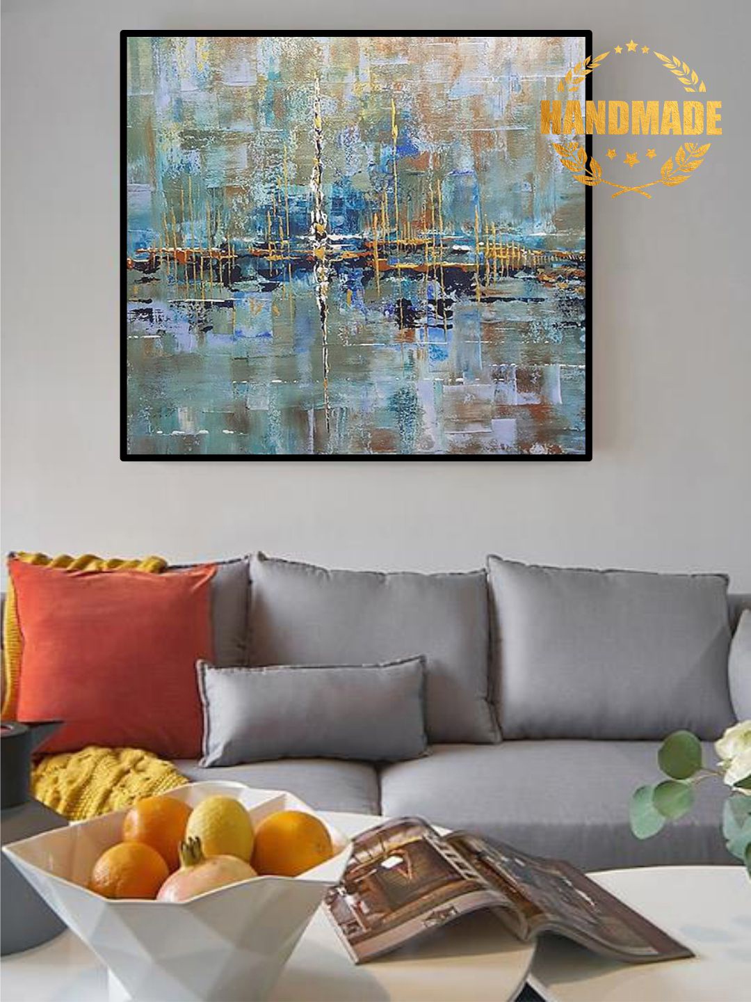 

THE HANDMADE FLAIR Blue & Grey Abstract Painting Wall Art