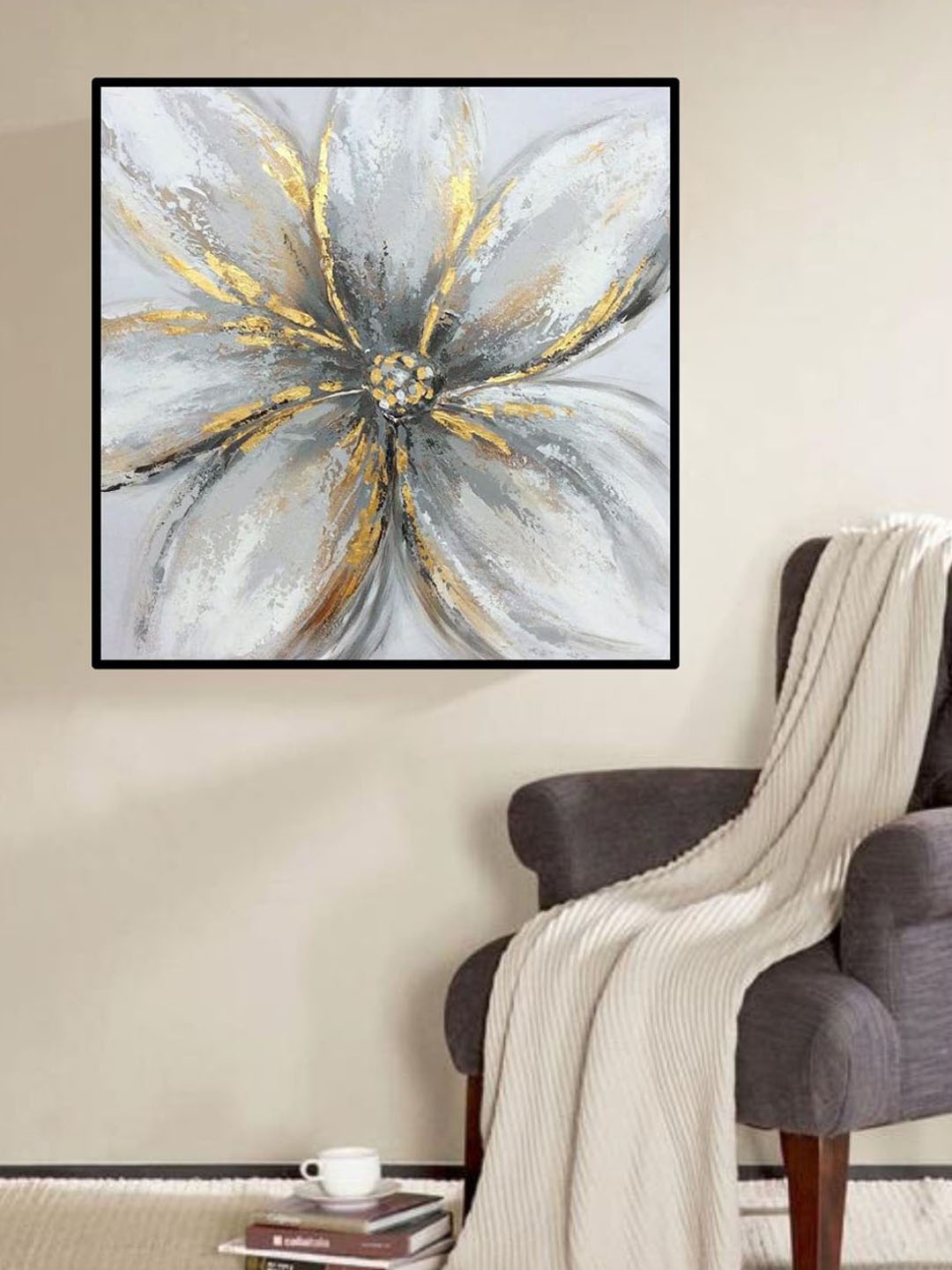 

THE HANDMADE FLAIR Grey & Golden colored Abstract Painting Wall Art