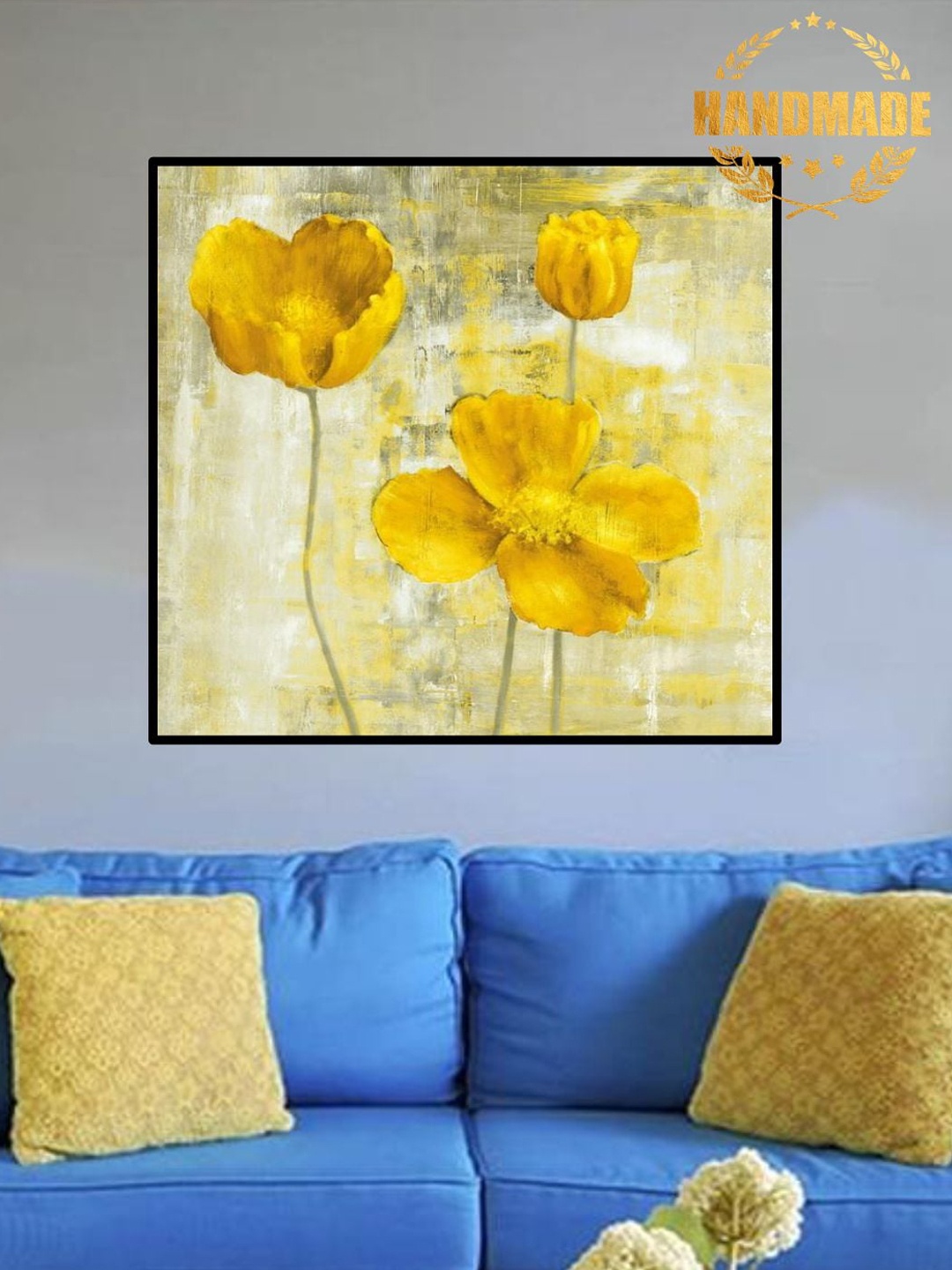 

THE HANDMADE FLAIR Yellow & Grey Floral Painting Wall Art