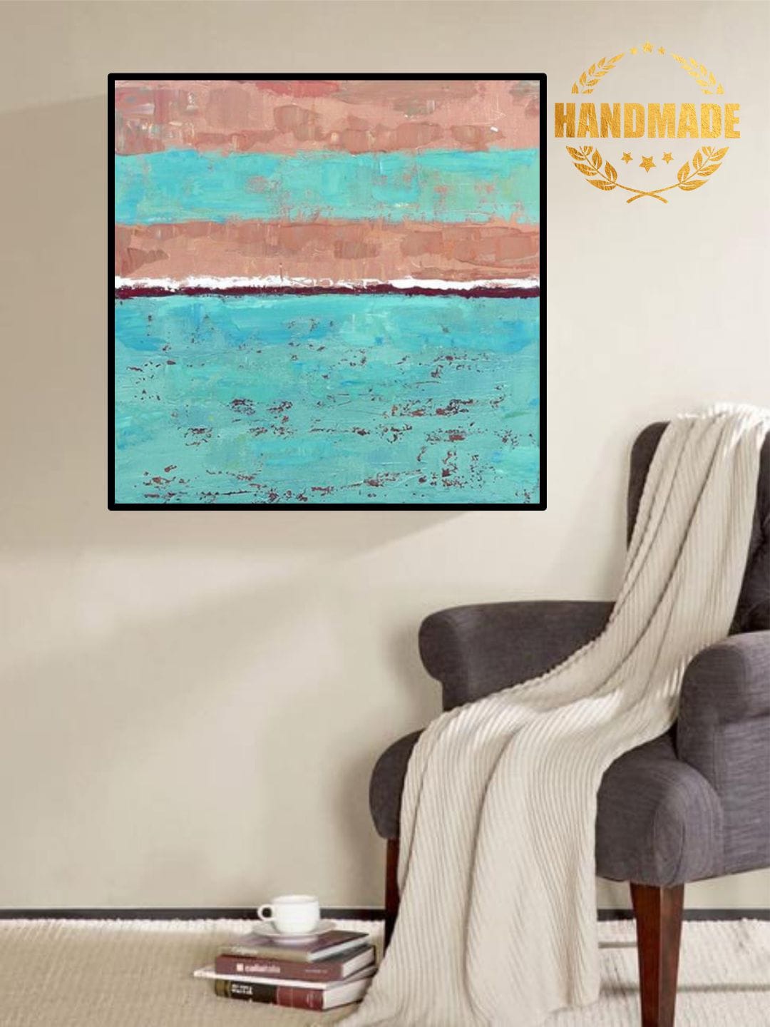 

THE HANDMADE FLAIR Brown & Turquoise Blue Abstract Painted Wall Art