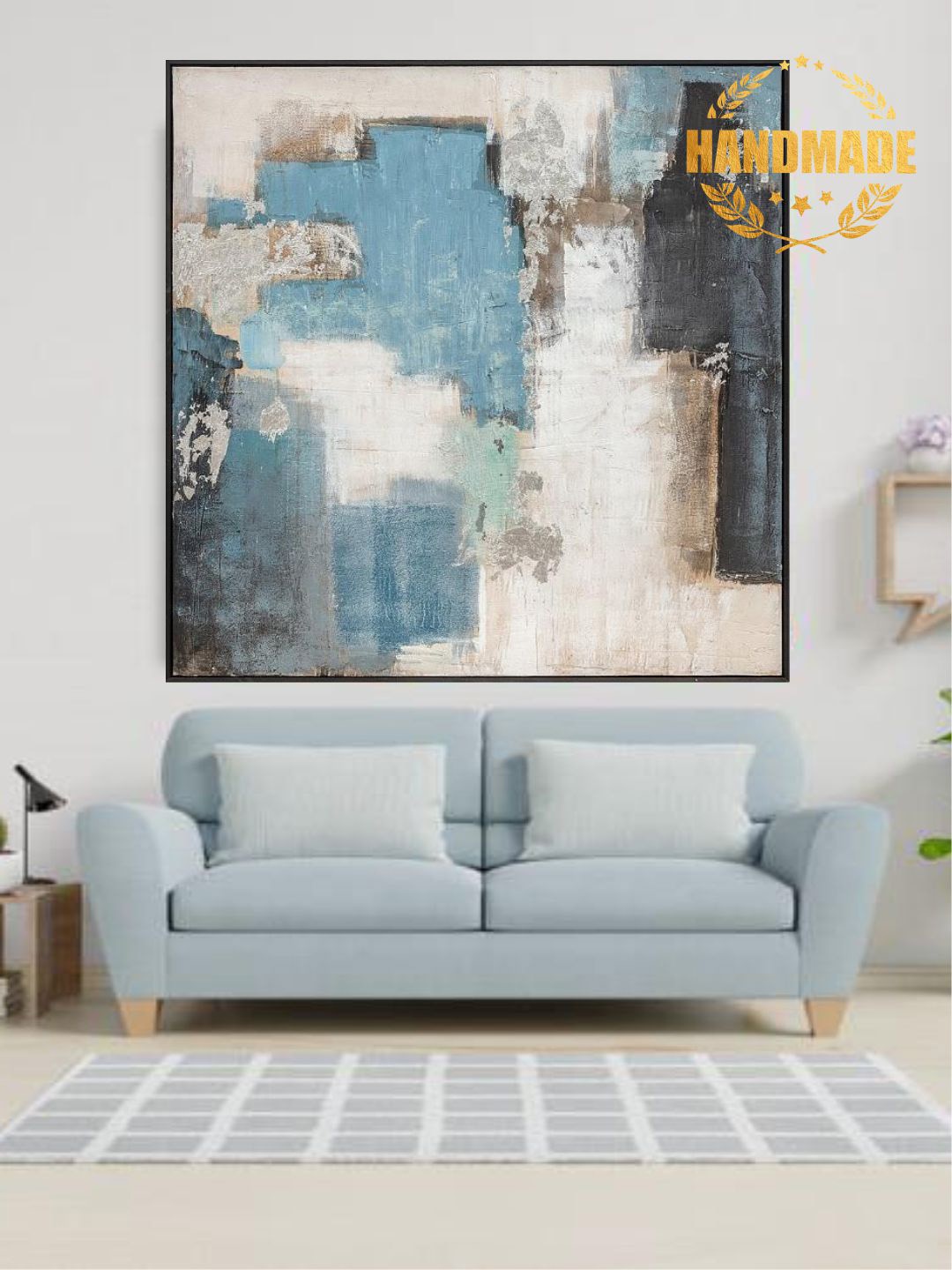

THE HANDMADE FLAIR Blue & Cream Coloured Abstract Painted Wall Art