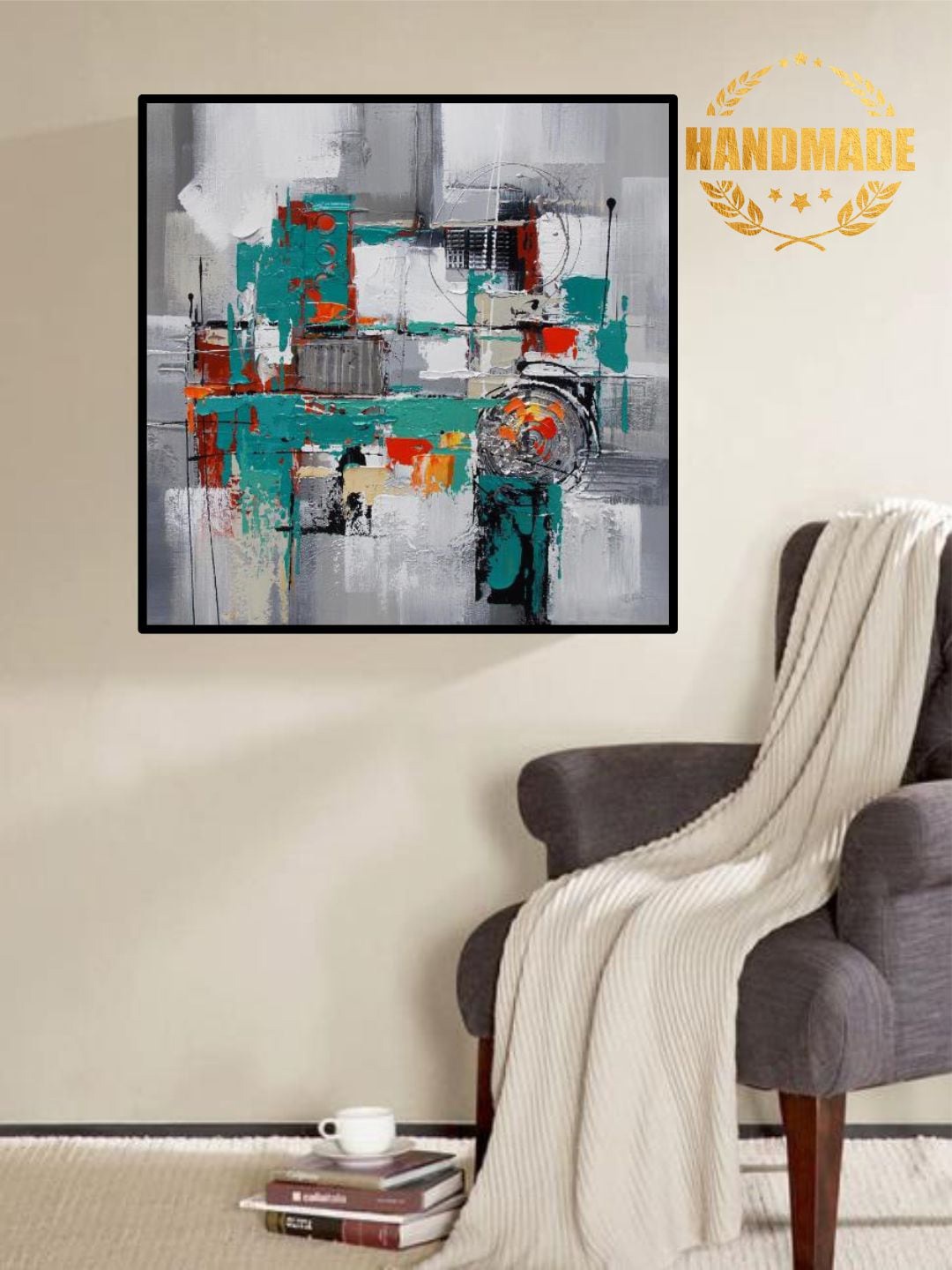 

THE HANDMADE FLAIR Grey & Sea Green Abstract Painted Wall Art