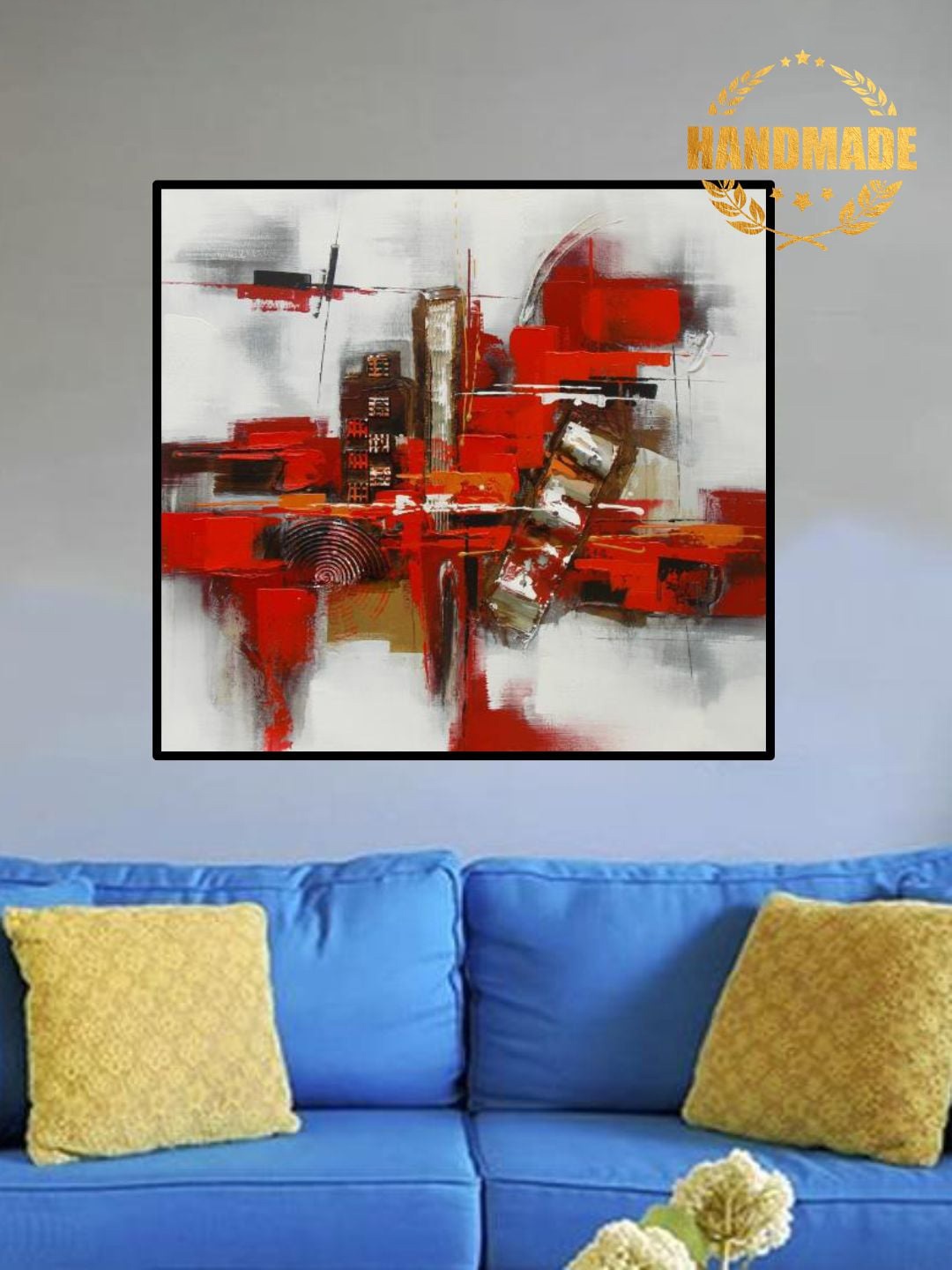 

THE HANDMADE FLAIR Red & Grey Abstract Painted Wall Art