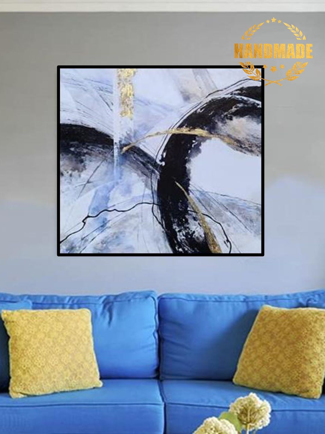 

THE HANDMADE FLAIR Blue & Black Abstract Painted Wall Art