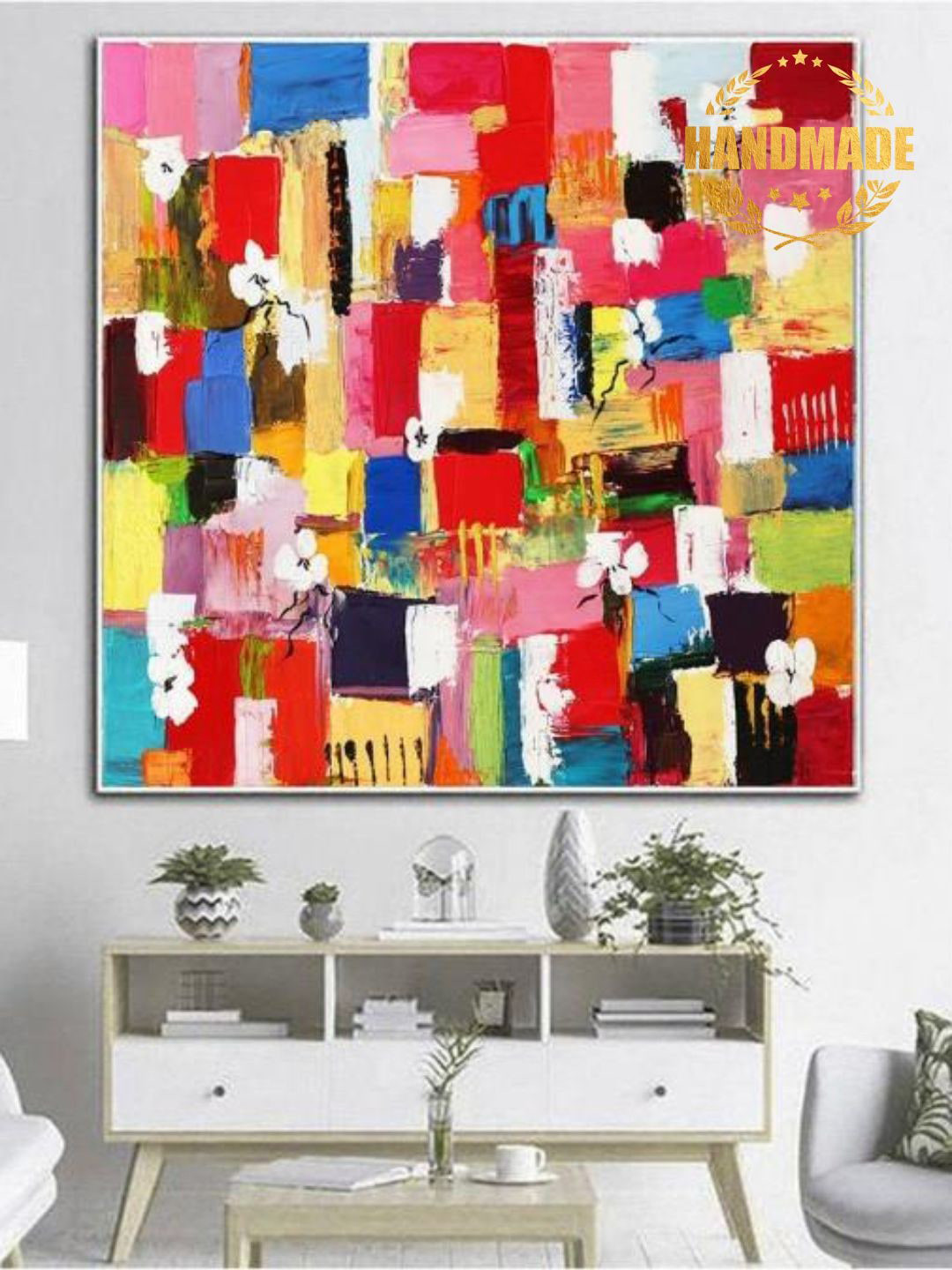 

THE HANDMADE FLAIR Red & Blue Abstract Painted Wall Art