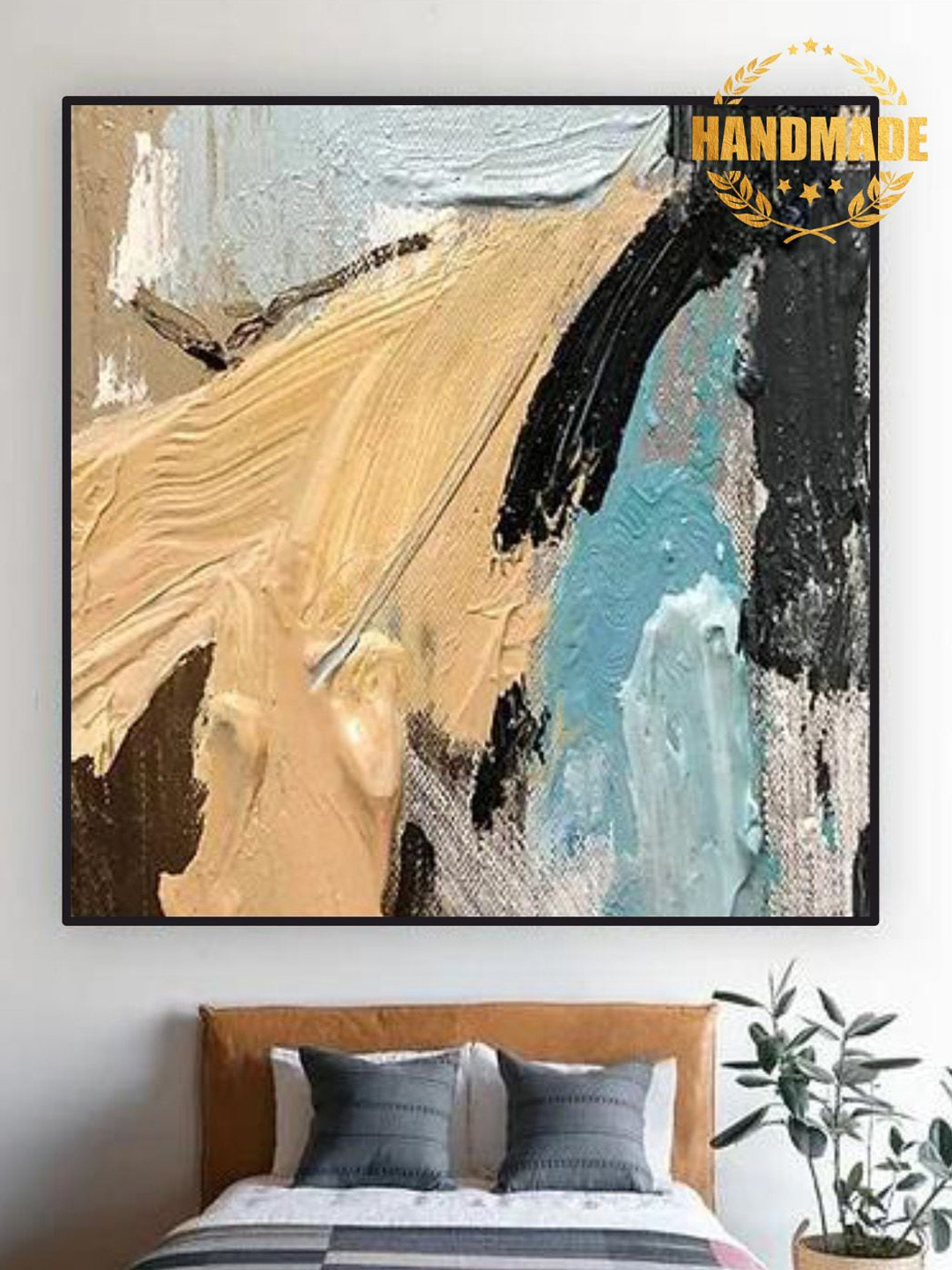 

THE HANDMADE FLAIR Beige & Blue Abstract Painted Wall Art