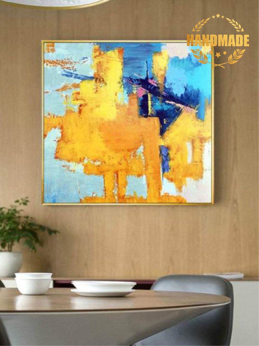 

THE HANDMADE FLAIR Yellow & Blue Abstract Painted Wall Art
