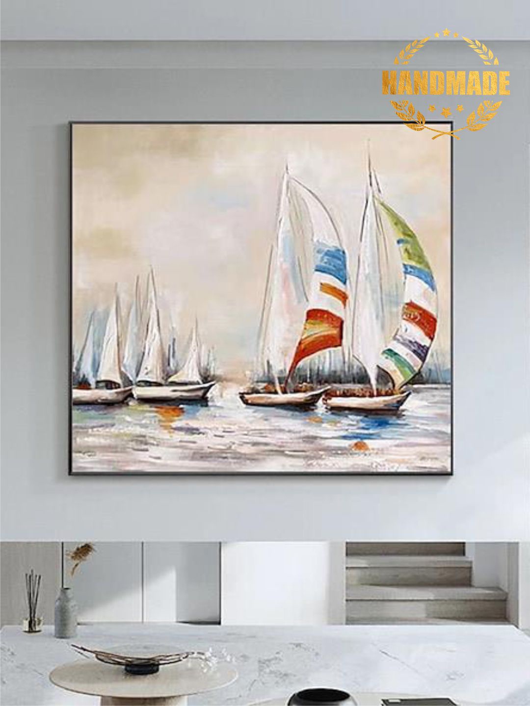 

THE HANDMADE FLAIR Beige & Blue Abstract Painting Wall Art