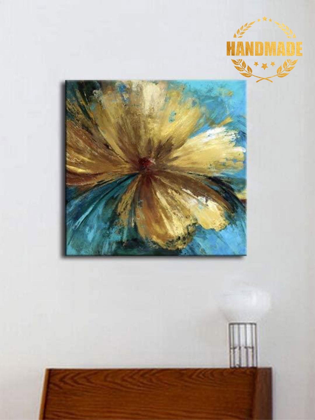 

THE HANDMADE FLAIR Brown & Turquoise Blue Flower Painted Wall Art