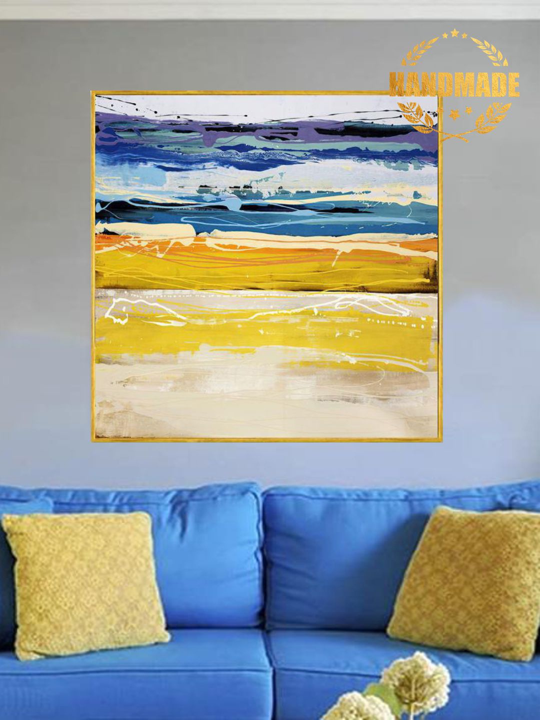 

THE HANDMADE FLAIR Yellow & Blue Abstract Painted Wall Art