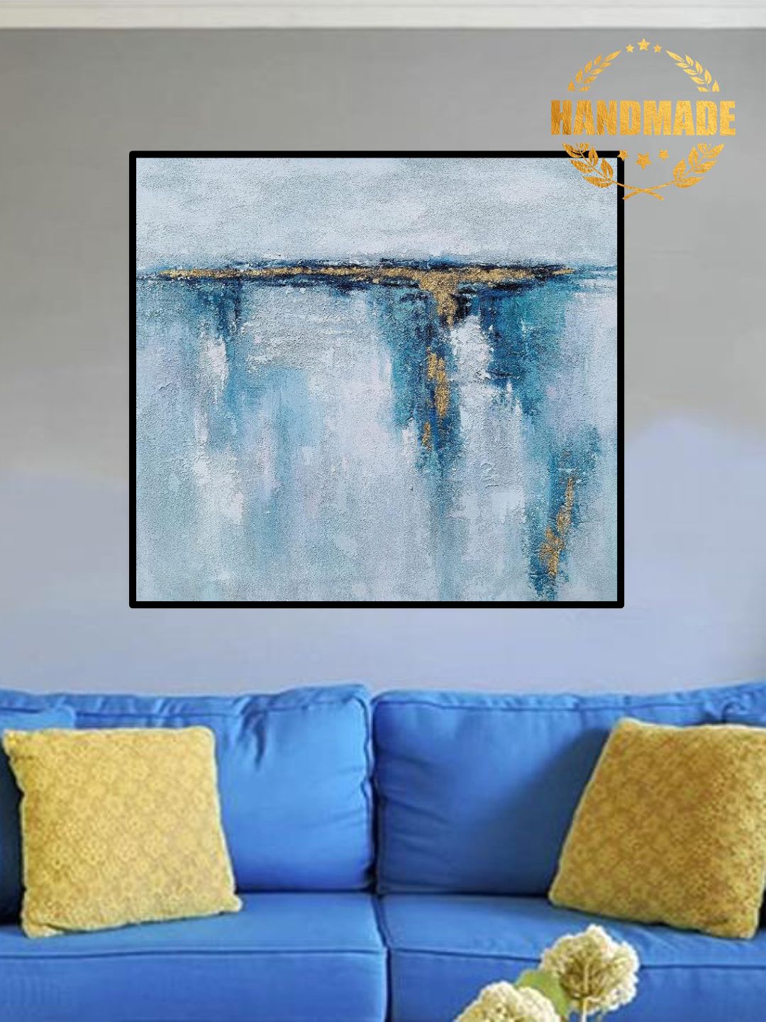 

THE HANDMADE FLAIR Blue Abstract Painted Wall Art