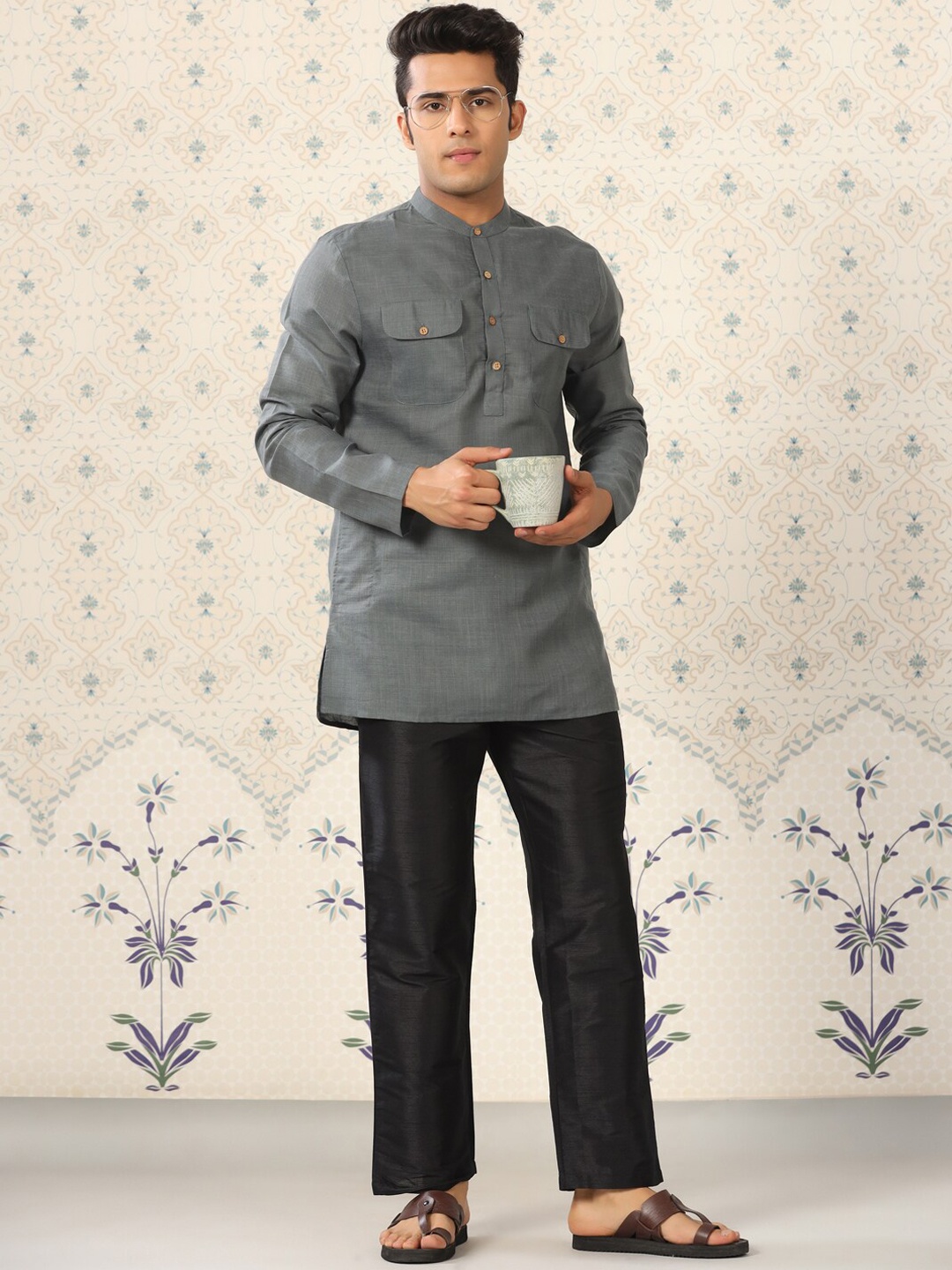 

Ode by House of Pataudi Grey Pathani Short Kurta