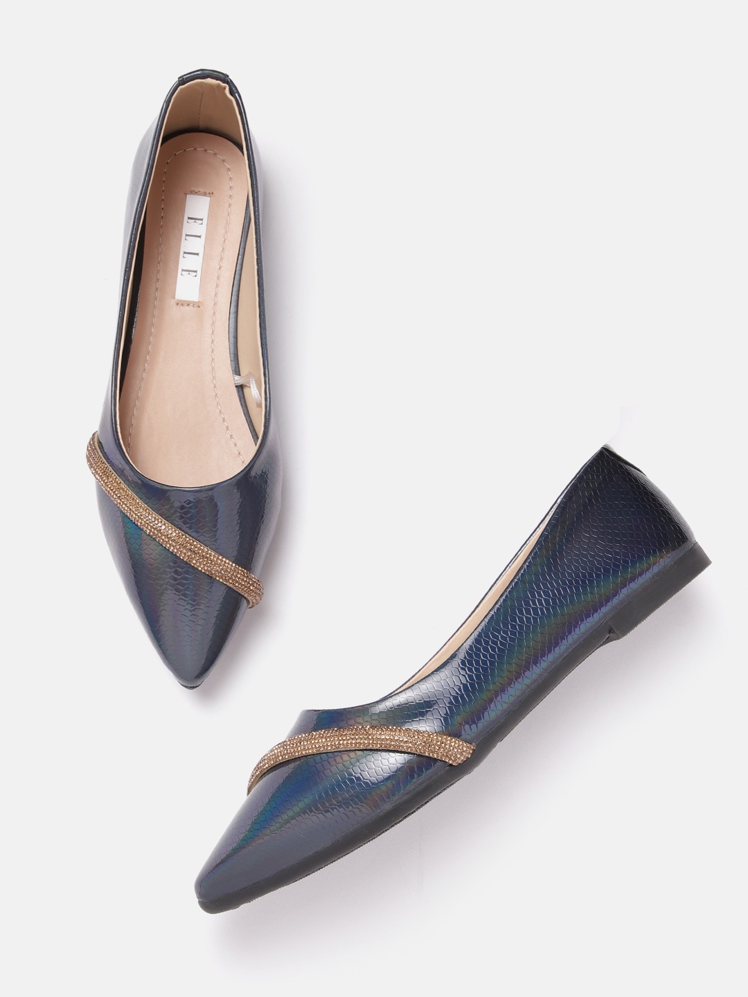 

ELLE Women Snakeskin Textured Ballerinas with Embellished Detail, Navy blue