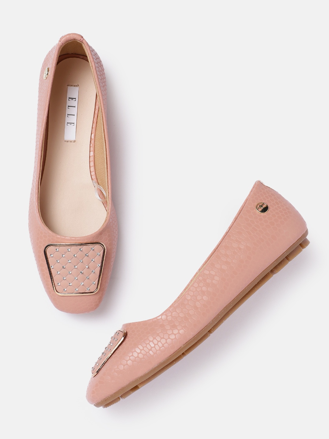 

ELLE Women Textured Ballerinas with Embellished Metal Detail, Pink