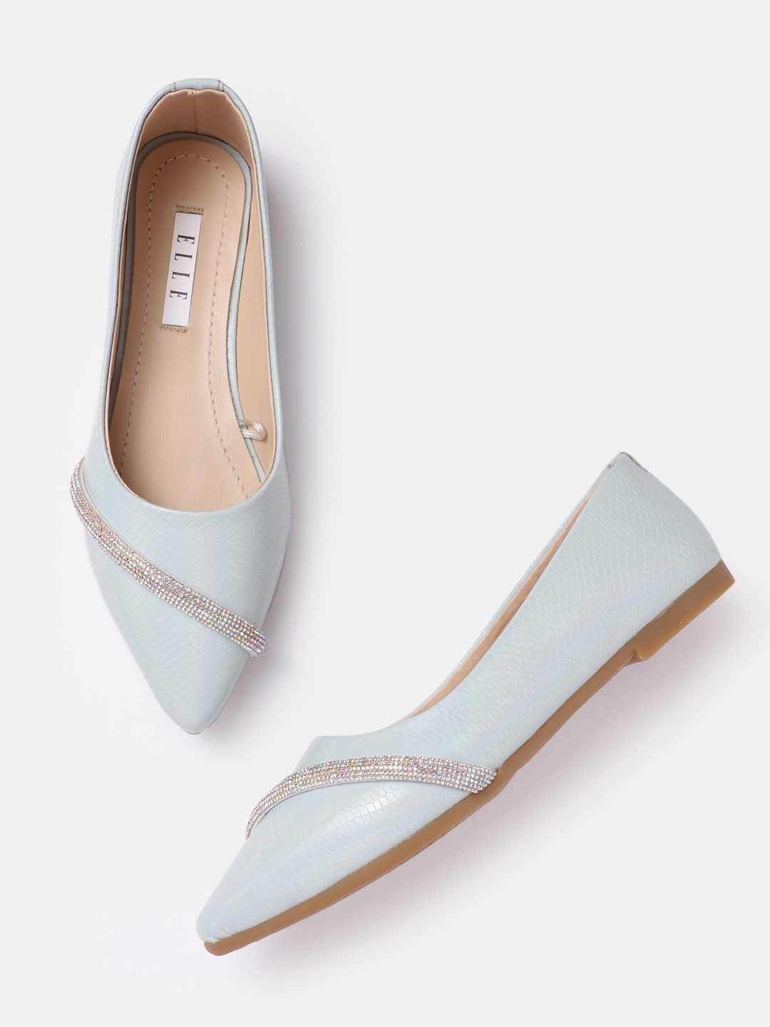 

ELLE Women Snakeskin Textured Ballerinas with Embellished Detail, Blue