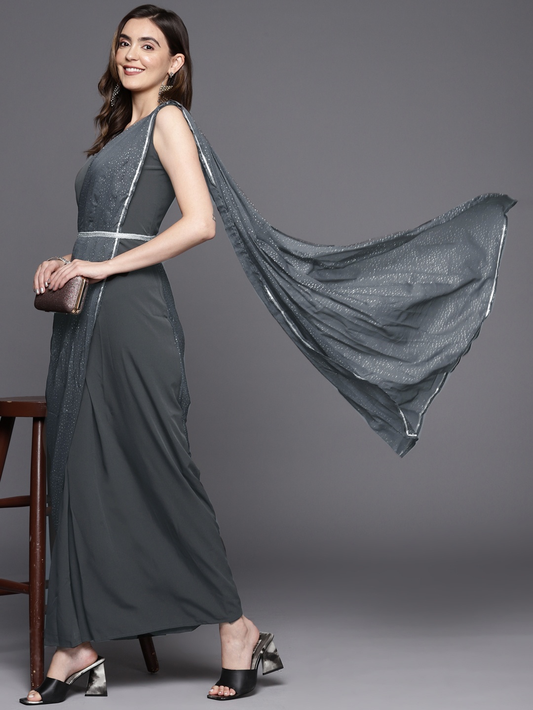 

Ahalyaa Abstract Print Layered Crepe Ethnic Dress, Grey