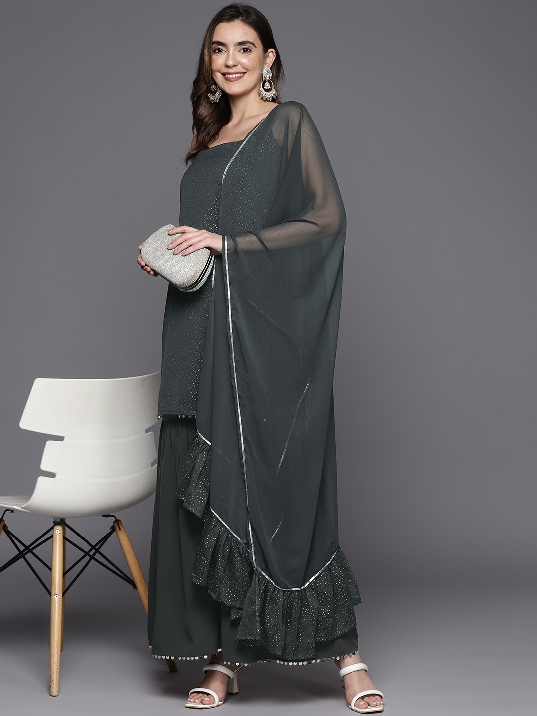 

Ahalyaa Printed Regular Gotta Patti Sharara Set With Dupatta, Grey