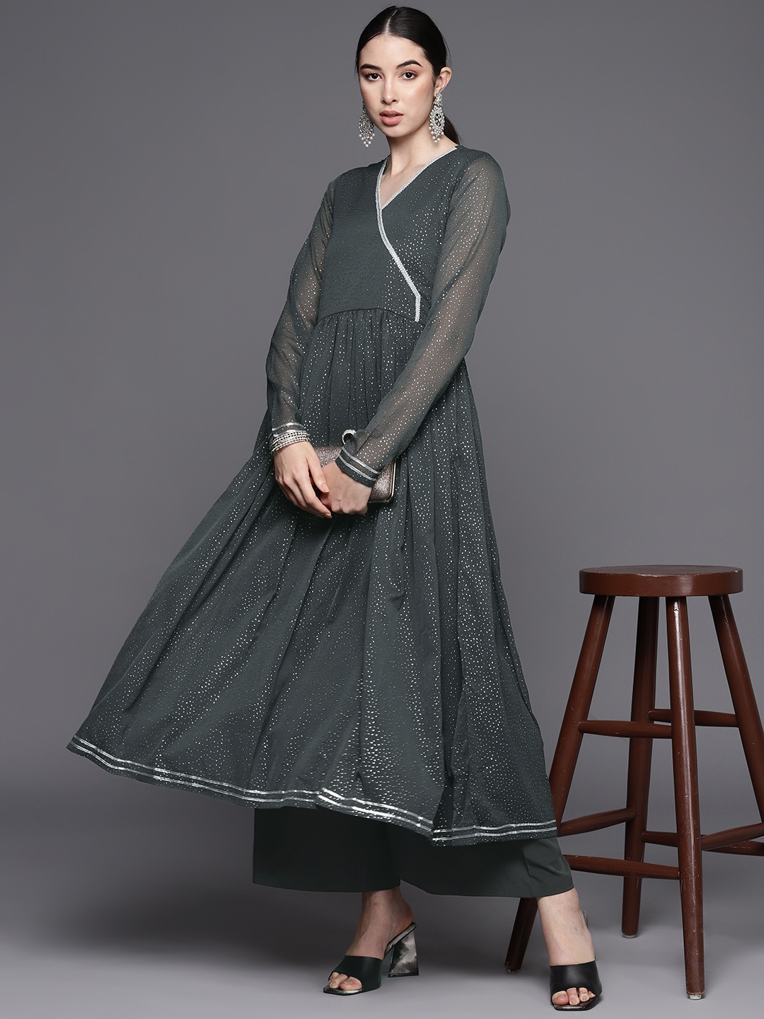 

Ahalyaa Printed Angrakha Gotta Patti Kurta With Palazzos, Grey