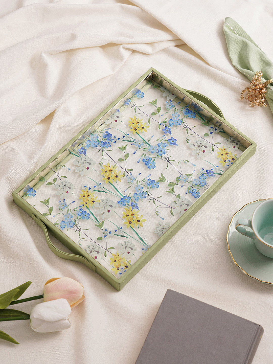 

Pure Home and Living Green & White Floral Printed Glass Faux Leather Serving Tray