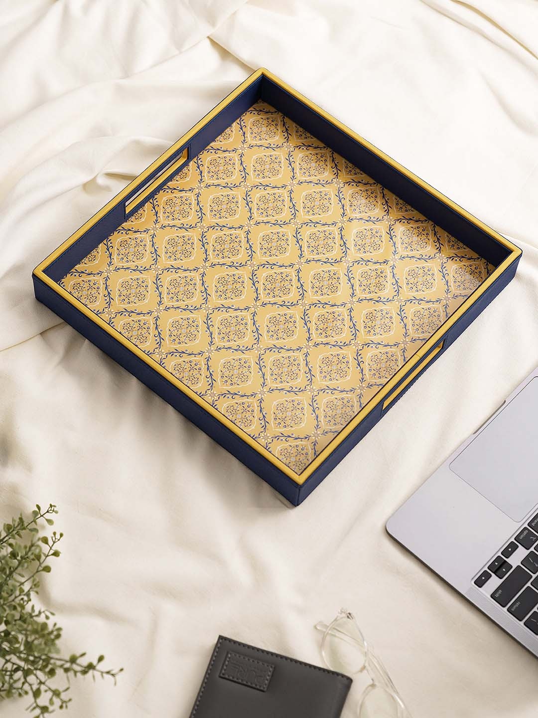 

Pure Home and Living Print Square Faux Leather Trays, Blue