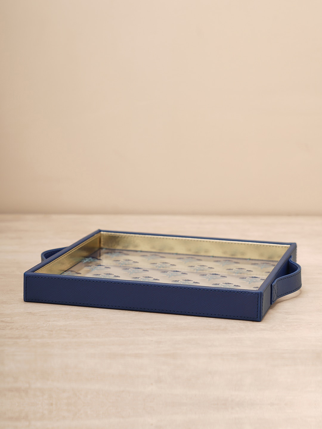 

Pure Home and Living Blue Floral Printed Faux Leather Square Serving Tray