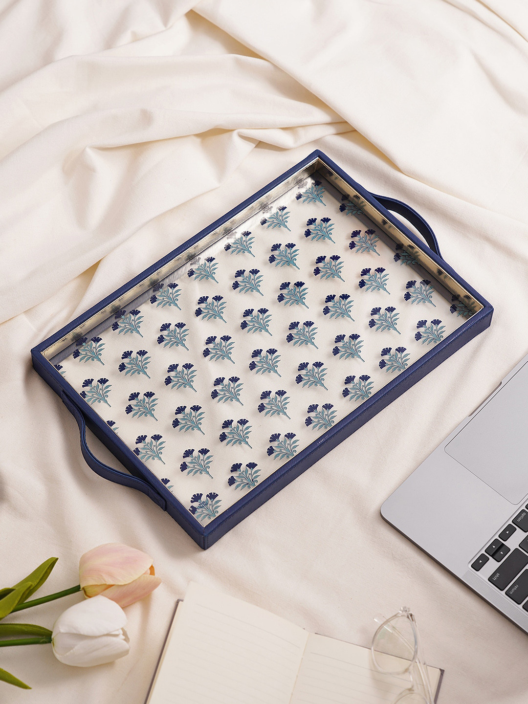 

Pure Home and Living Blue & White Floral Printed Glass Faux Leather Rectangle Serving Tray