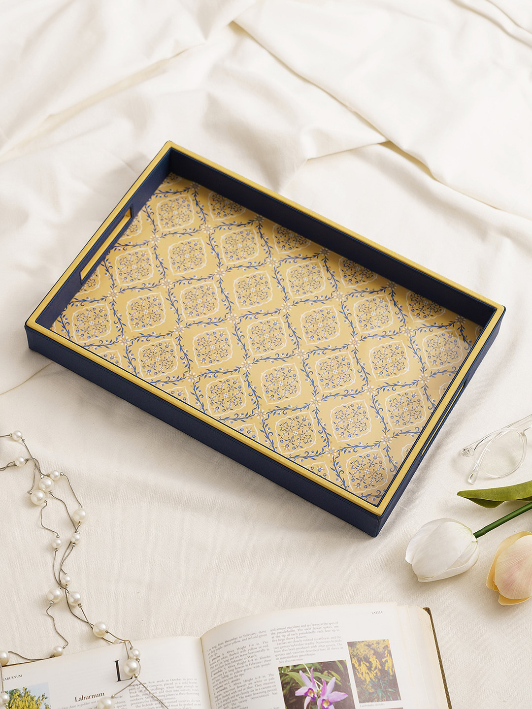 

Pure Home and Living Blue & Yellow Leaf Printed Faux Leather Rectangle Serving Tray