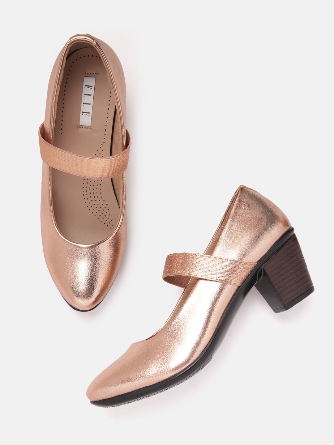 

ELLE Women Round Toe Block Heel Mary Janes, Rose gold