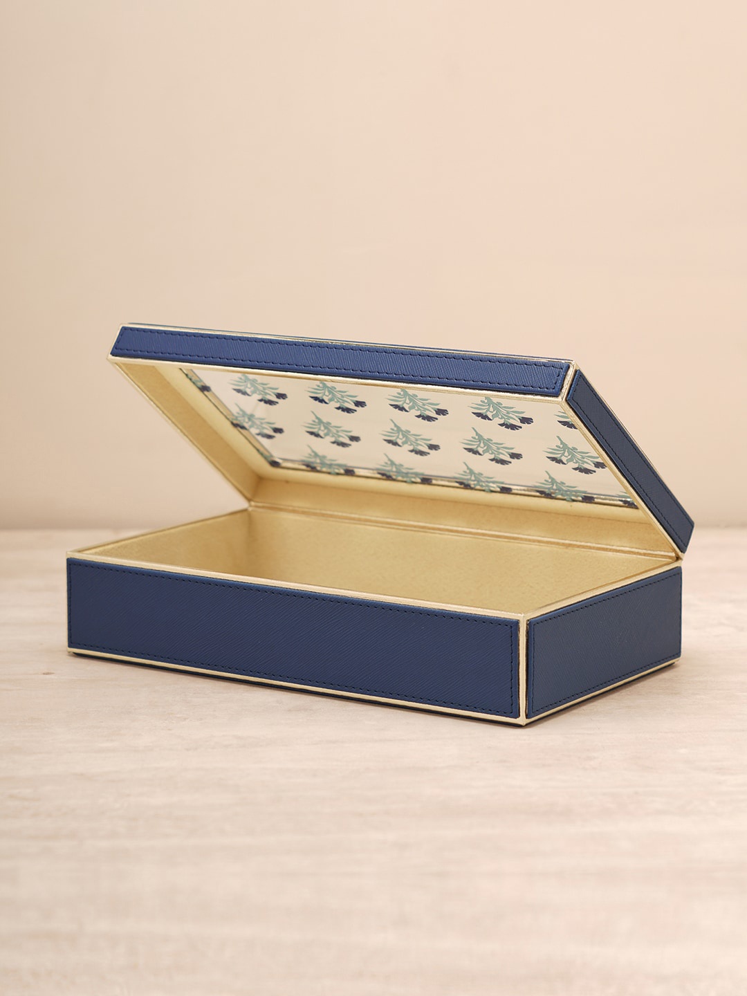 

Pure Home and Living Blue Floral Printed Faux Leather Organiser Box With Glass Lid
