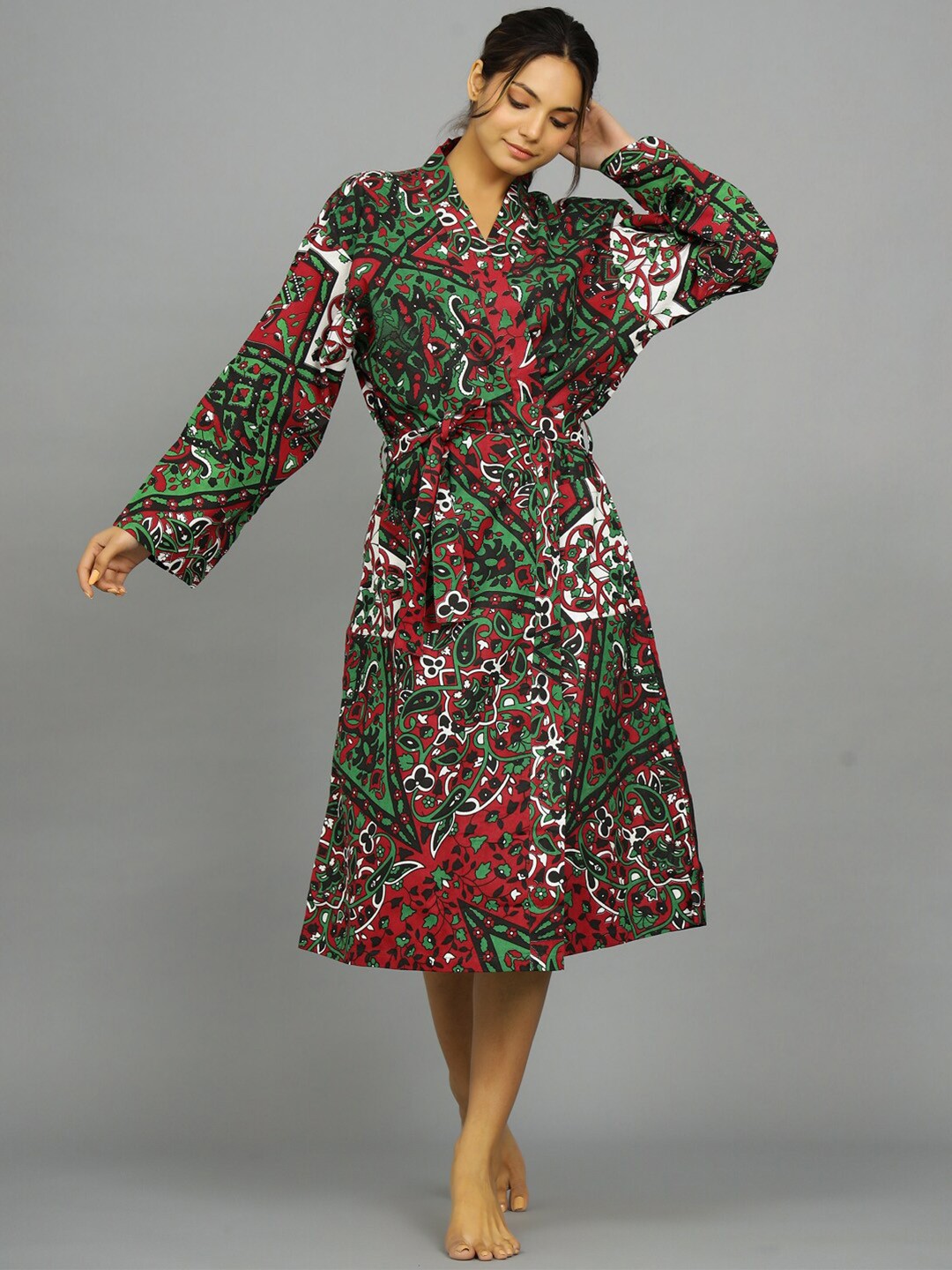 

HANDICRAFT PALACE Printed Pure Cotton Bath Robe, Maroon