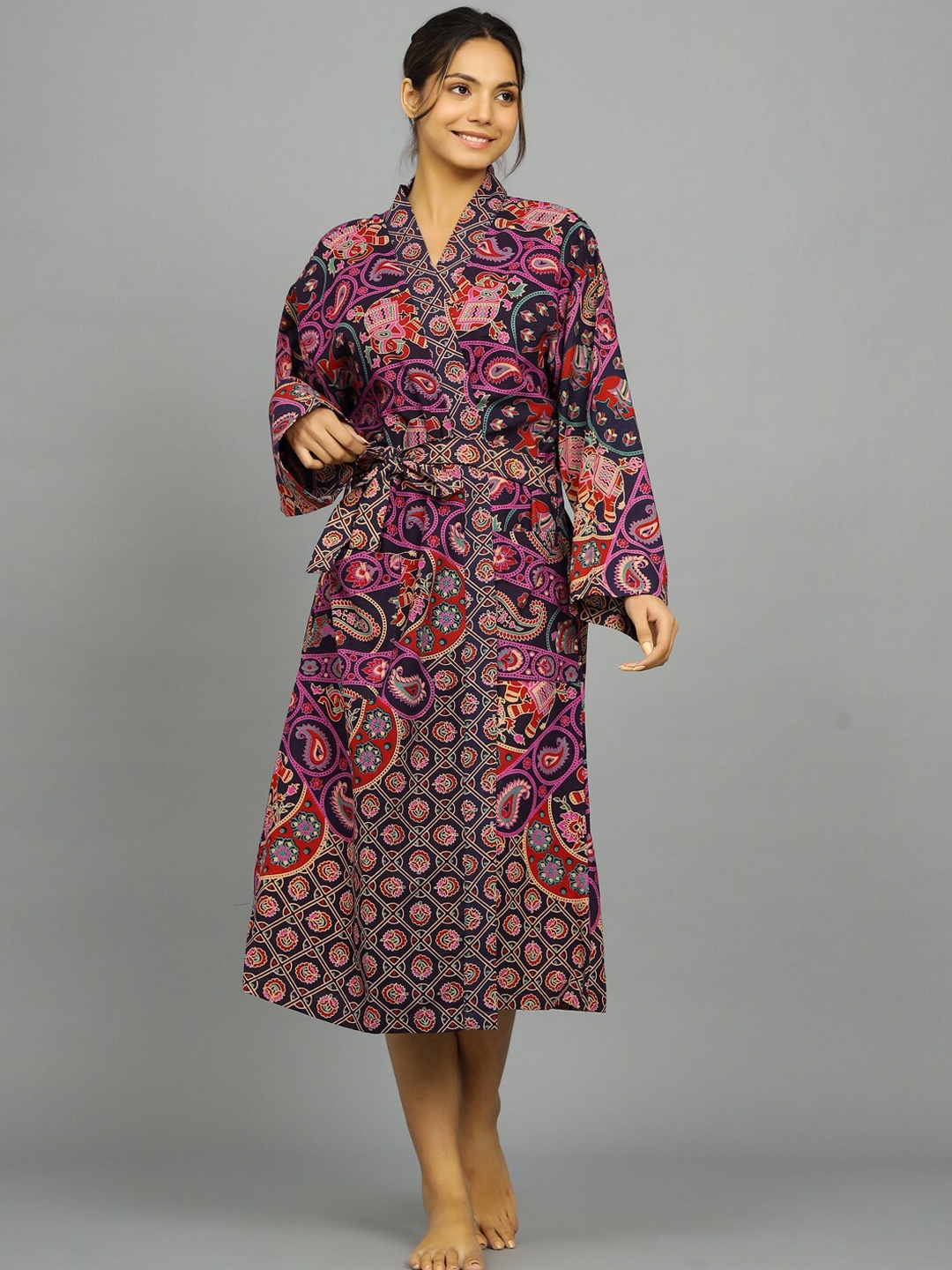 

HANDICRAFT PALACE Paisley Printed Pure Cotton Bath Robe, Purple