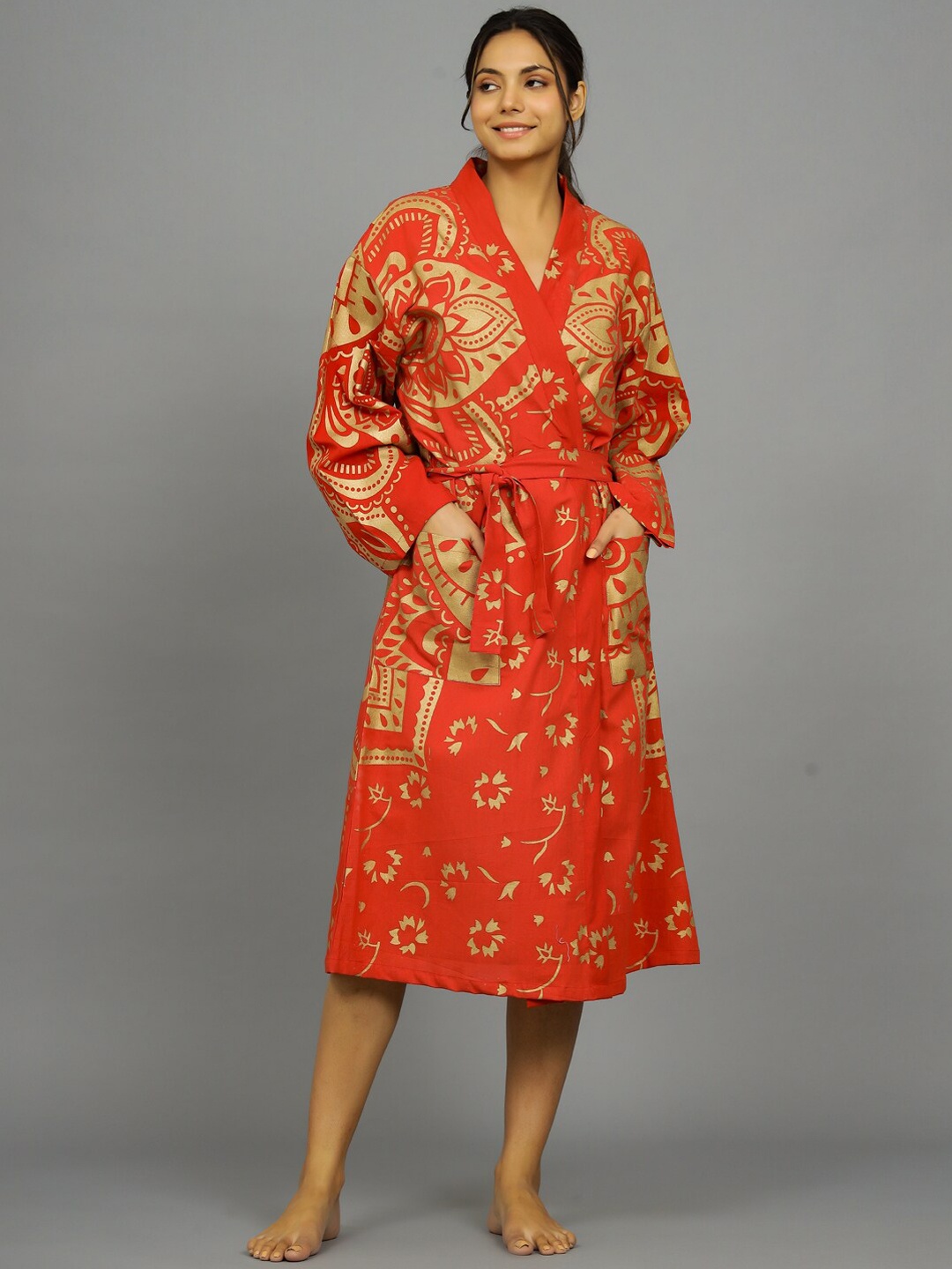 

HANDICRAFT PALACE Ombre Printed Pure Cotton Bath Robe, Red