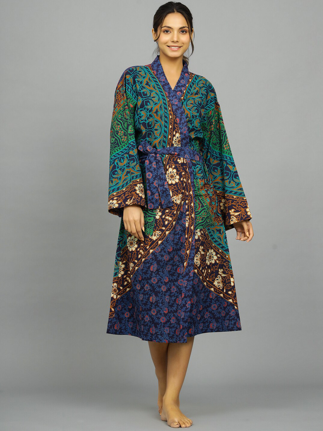 

HANDICRAFT PALACE Mandala Printed Pure Cotton Bath Robe, Blue