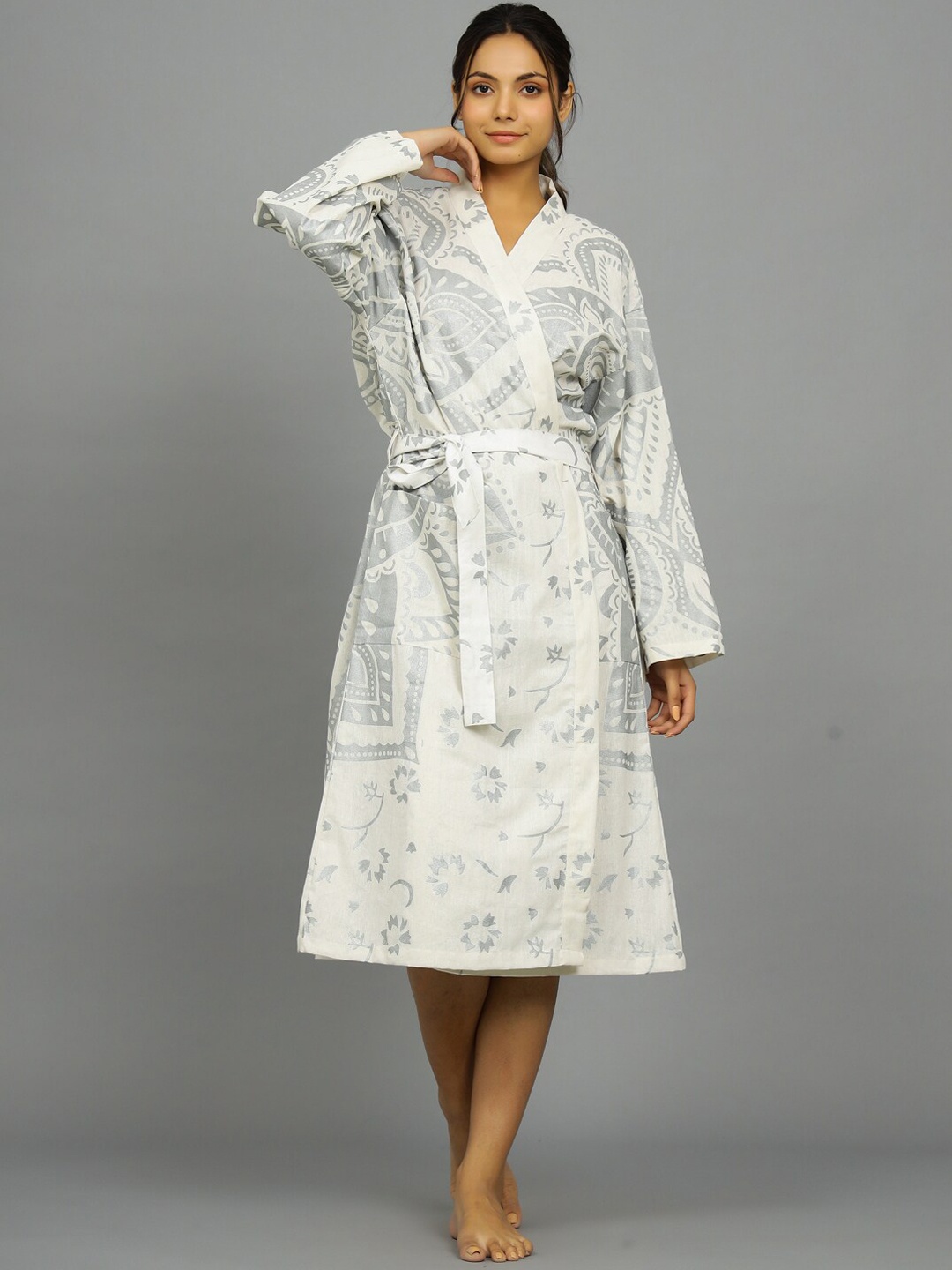 

HANDICRAFT PALACE Ombre Printed Pure Cotton Bath Robe, Silver