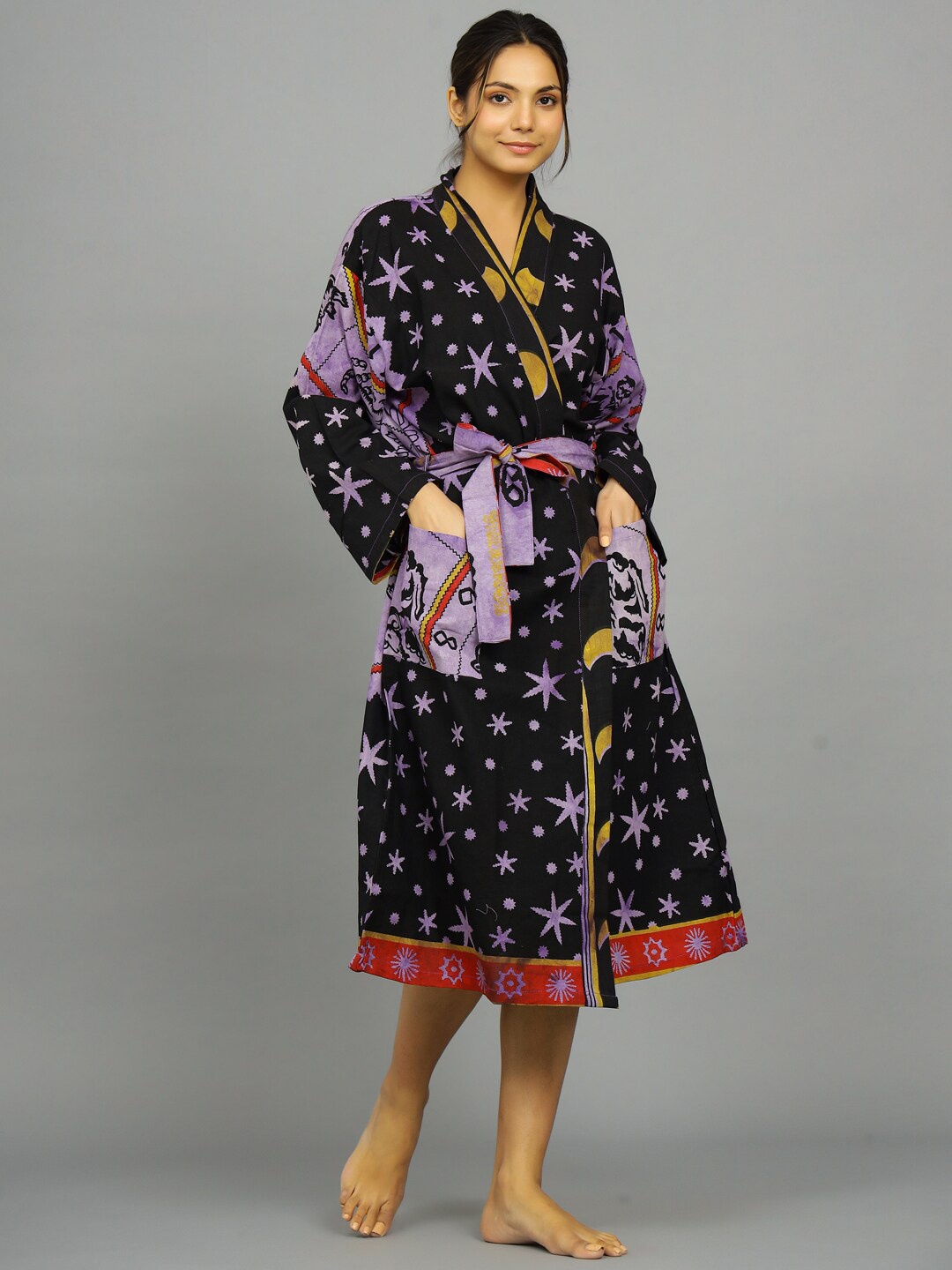 

HANDICRAFT PALACE Printed Pure Cotton Bath Robe, Purple