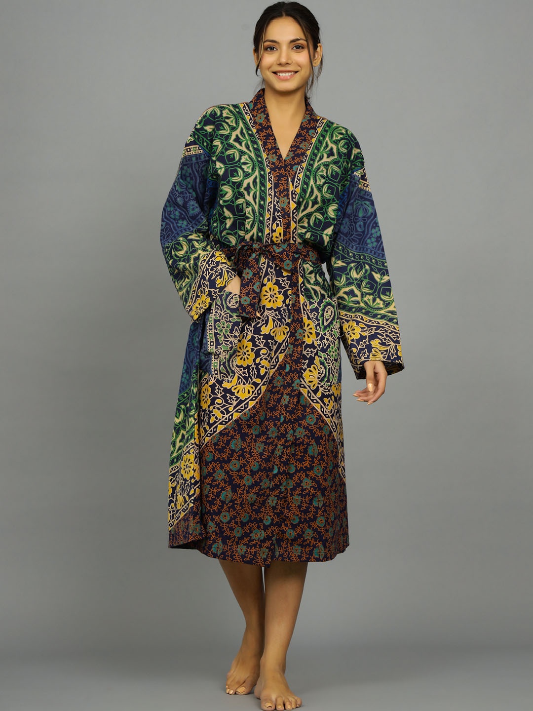 

HANDICRAFT PALACE Mandala Printed Pure Cotton Bath Robe, Blue