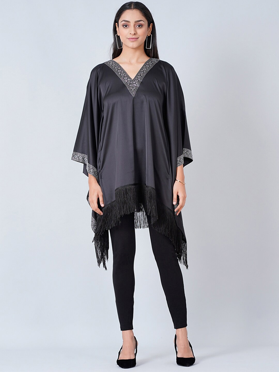 

First Resort by Ramola Bachchan V-neck Embellished Crepe Kaftan Dress, Black