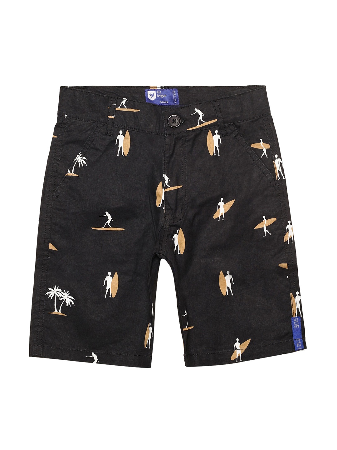 

612League Boys Conversational Printed Slim Fit Cotton Shorts, Black