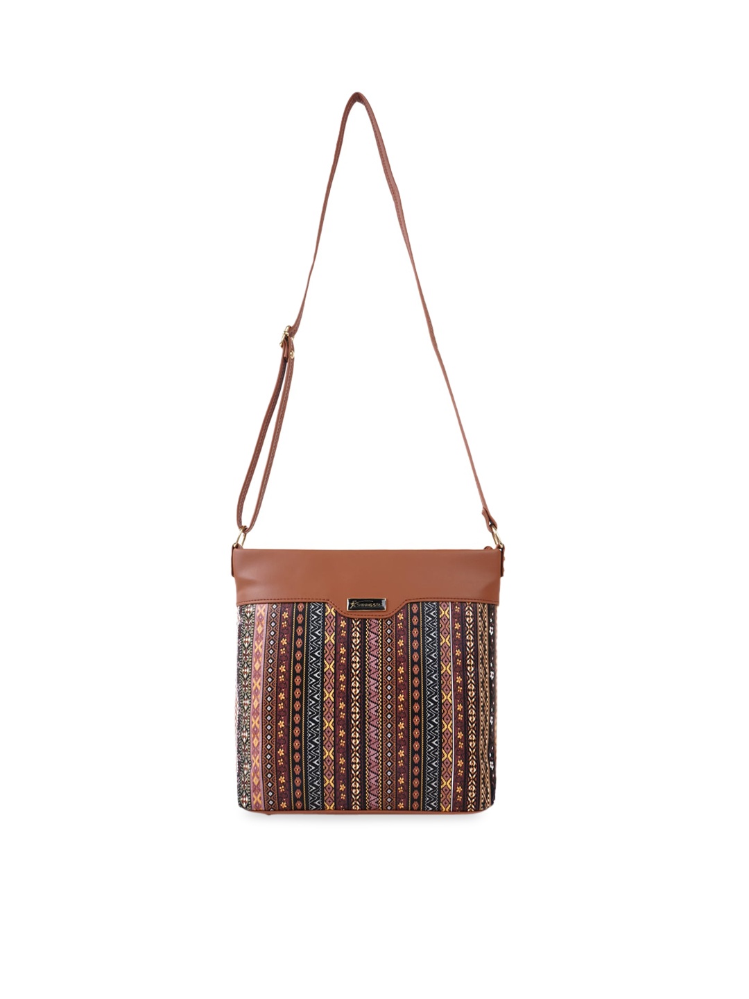 

SHINING STAR Ethnic Motifs Printed Structured Sling Bag, Brown