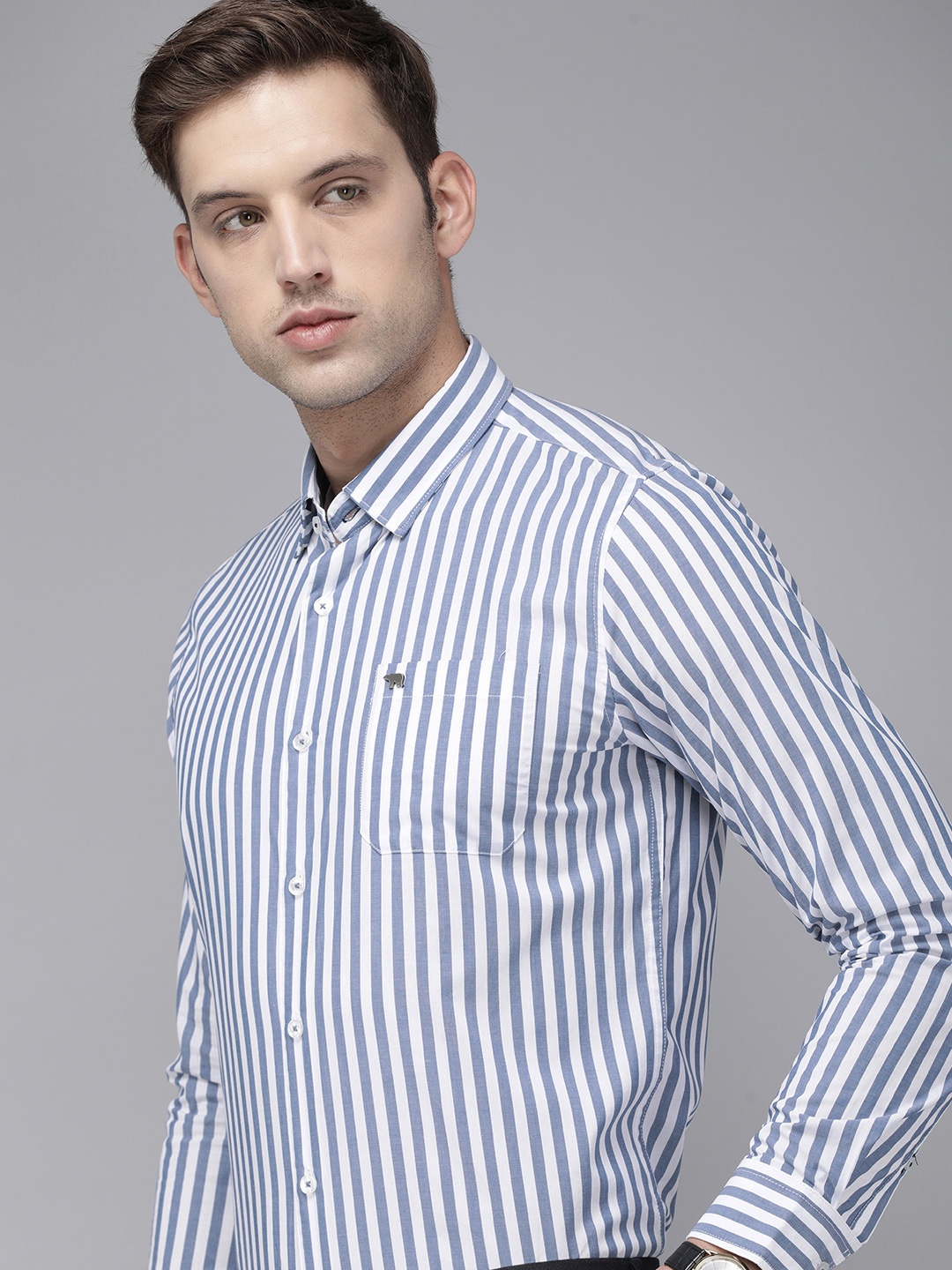 

THE BEAR HOUSE Men Blue Slim Fit Opaque Striped Formal Shirt