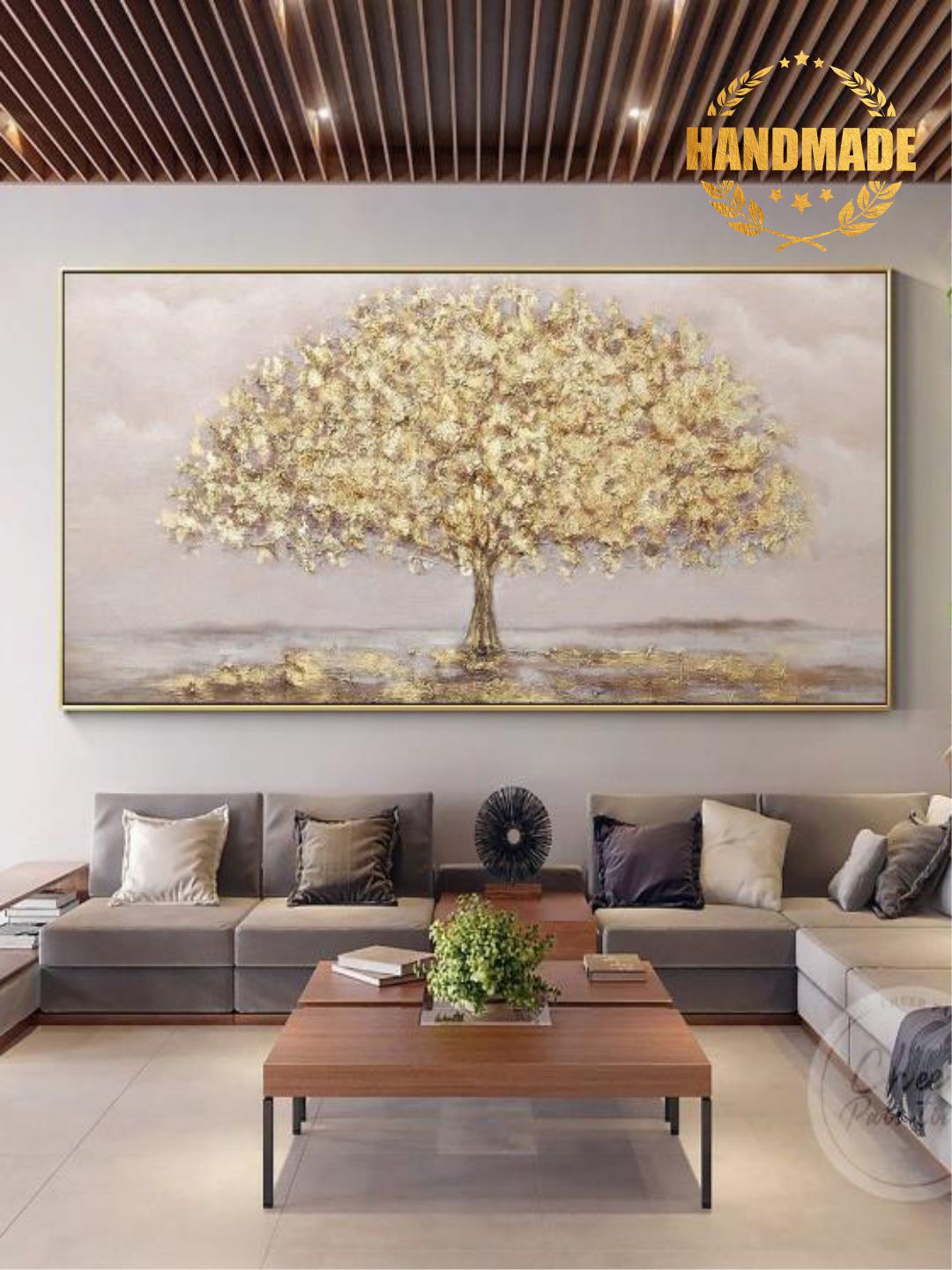 

THE HANDMADE FLAIR Gold Toned Beige Tree Framed Wall Art Painting