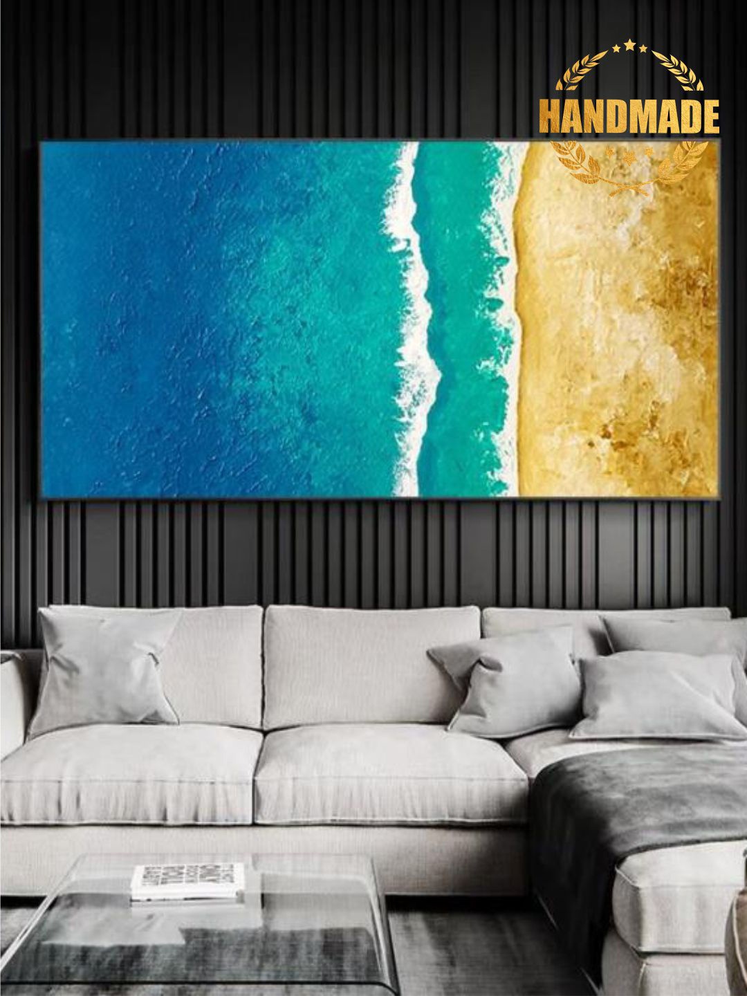 

THE HANDMADE FLAIR Blue & Beige Abstract Painted Wall Art