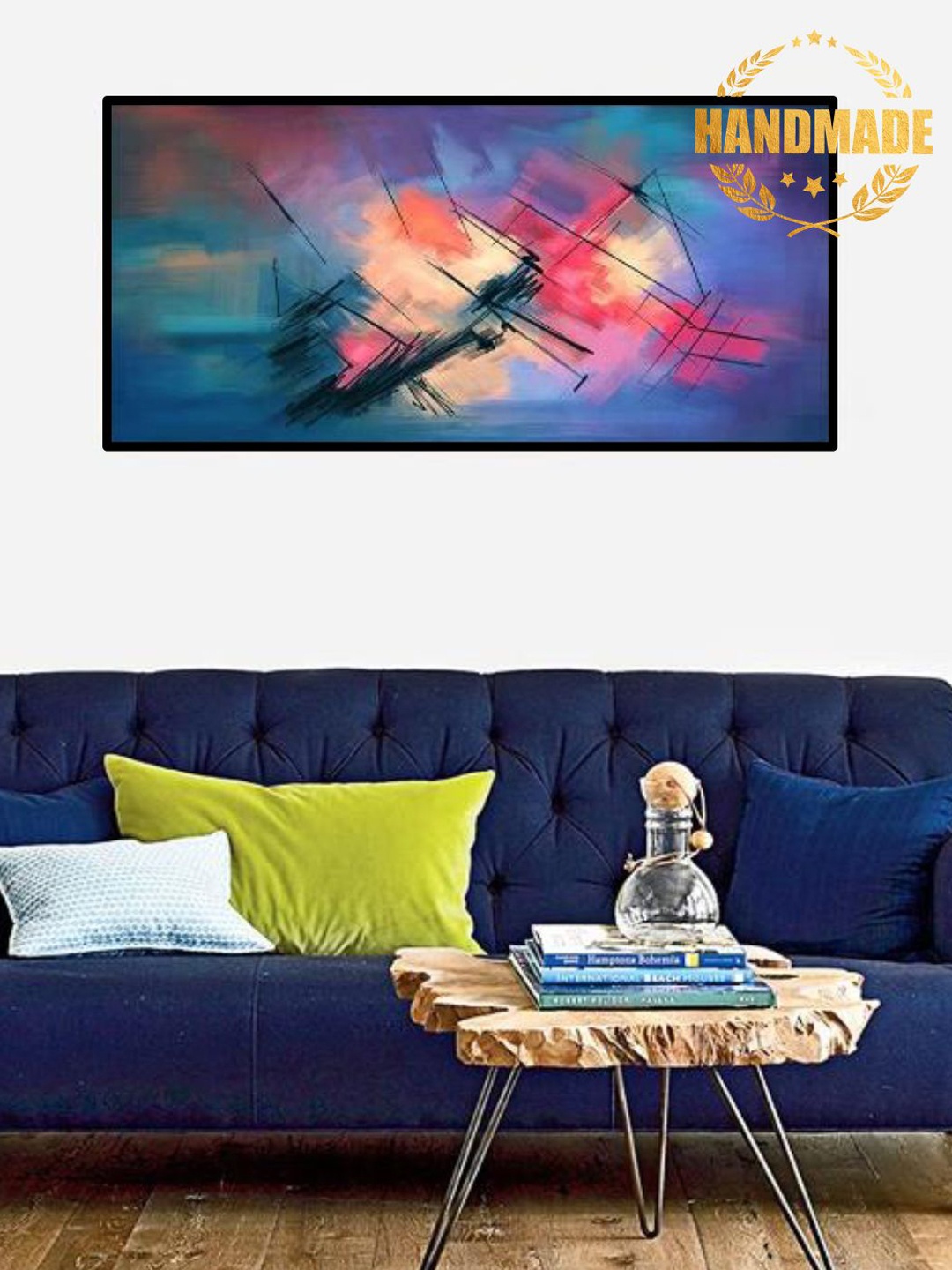

THE HANDMADE FLAIR Blue & Pink Abstract Printed Framed Wall Art Painting