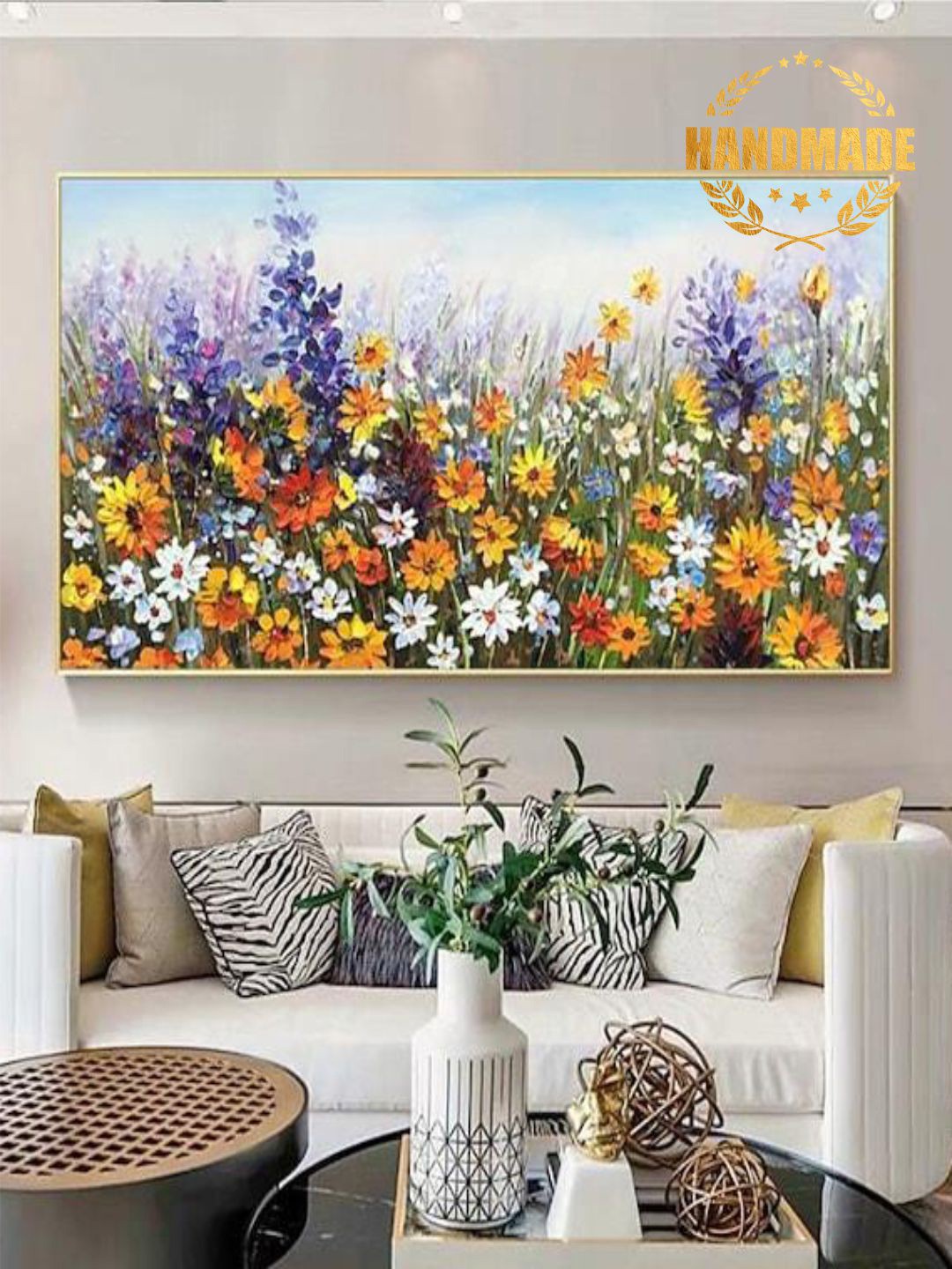 

THE HANDMADE FLAIR Blue & Yellow Floral Painted Wall Art