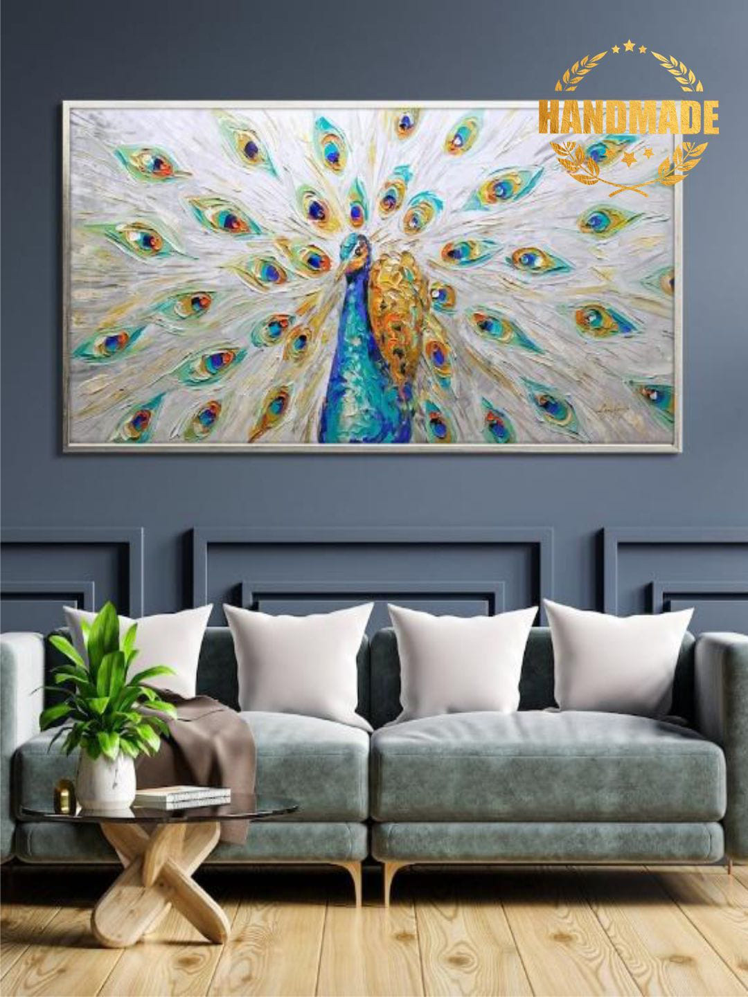 

THE HANDMADE FLAIR Blue & Grey Peacock Painted Wall Art, Green