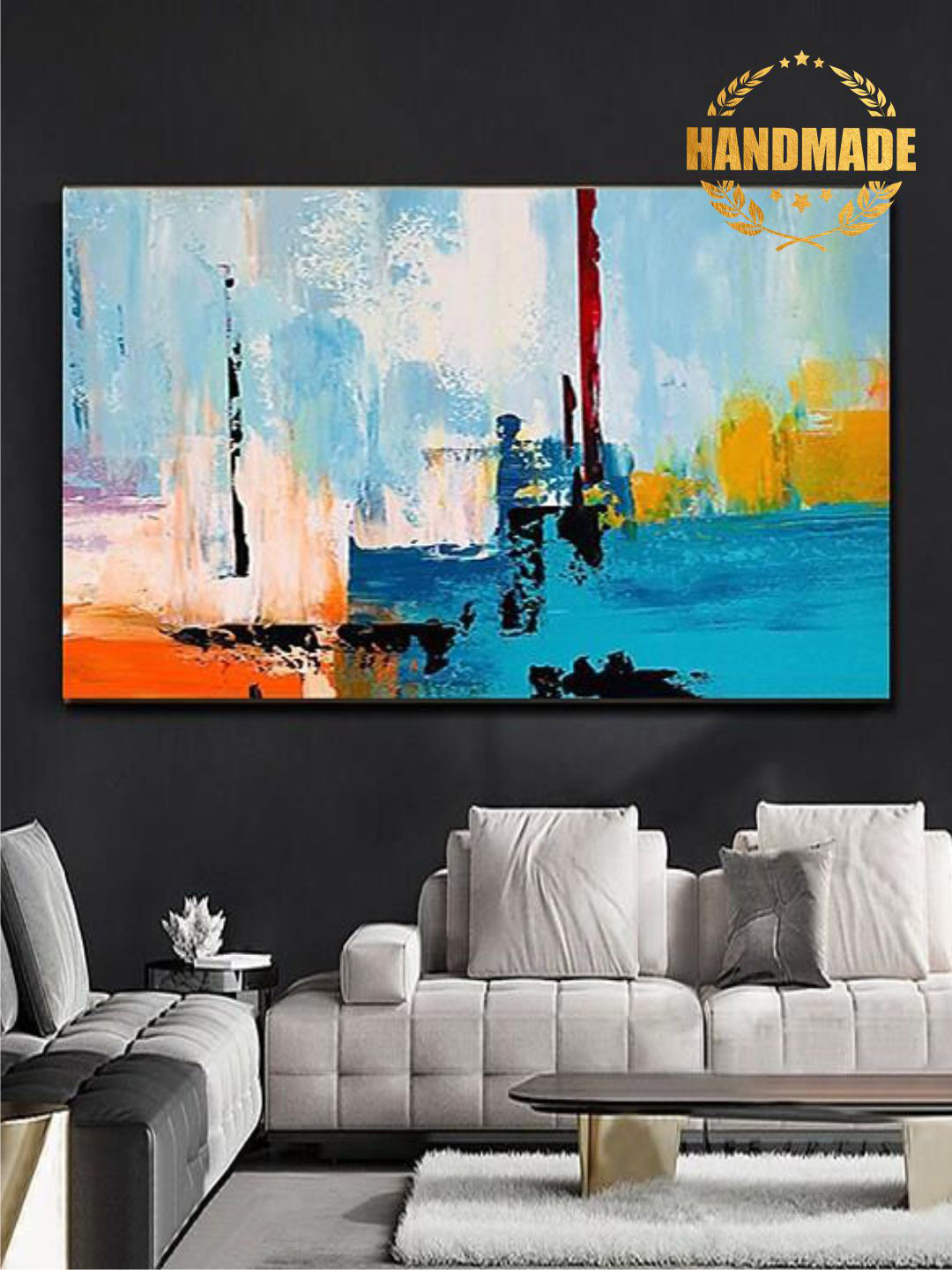 

THE HANDMADE FLAIR Blue & Orange-Coloured Abstract Framed Wall Art Painting