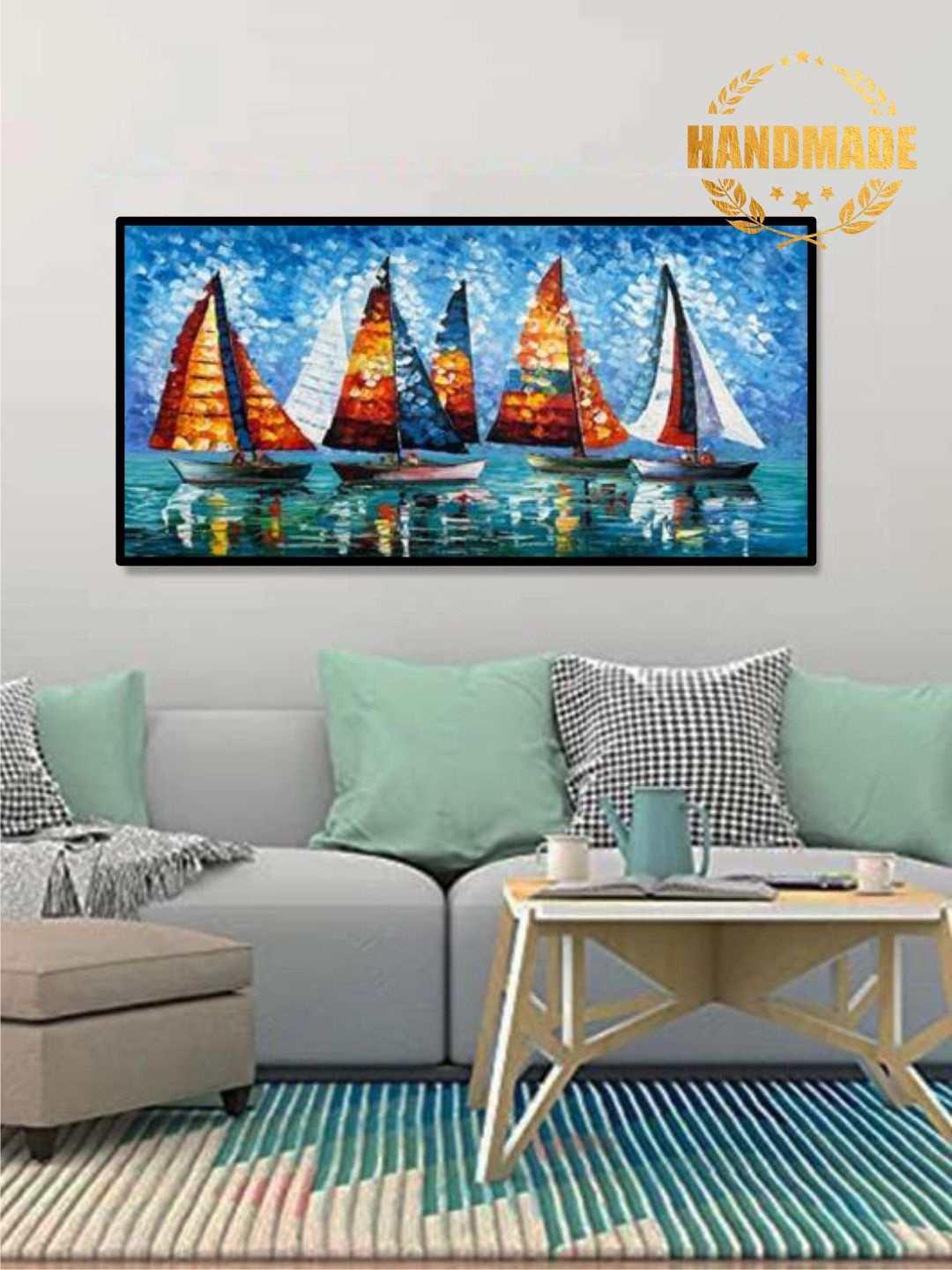 

THE HANDMADE FLAIR Blue & Green Yacht Painted Wall Art