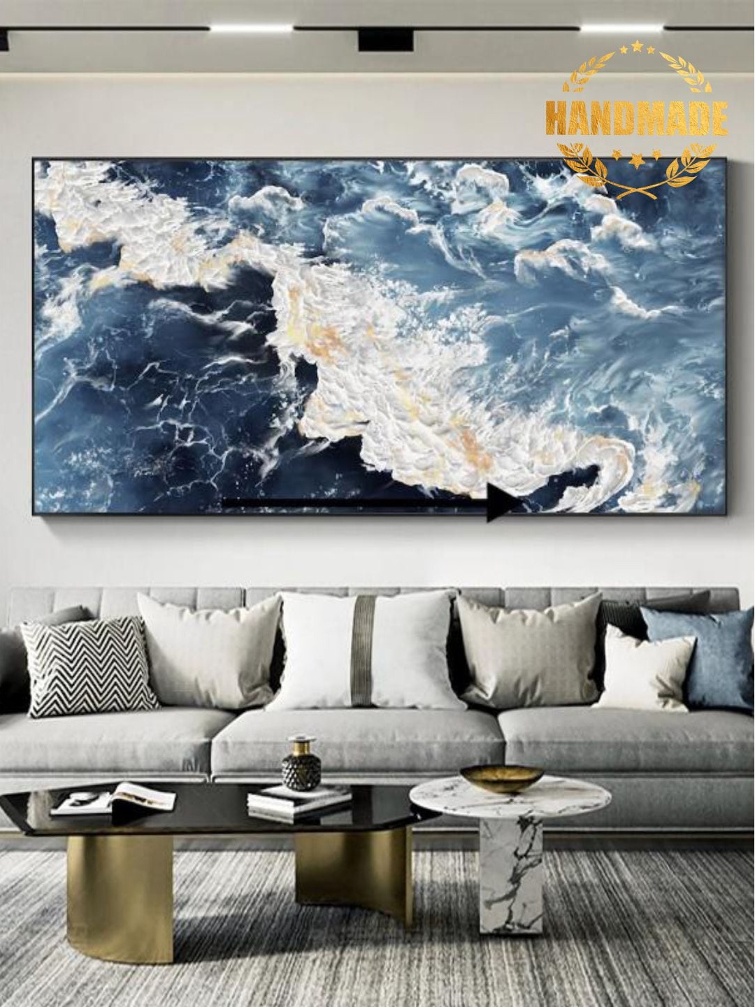 

THE HANDMADE FLAIR Blue & White Abstract Framed Wall Art Painting