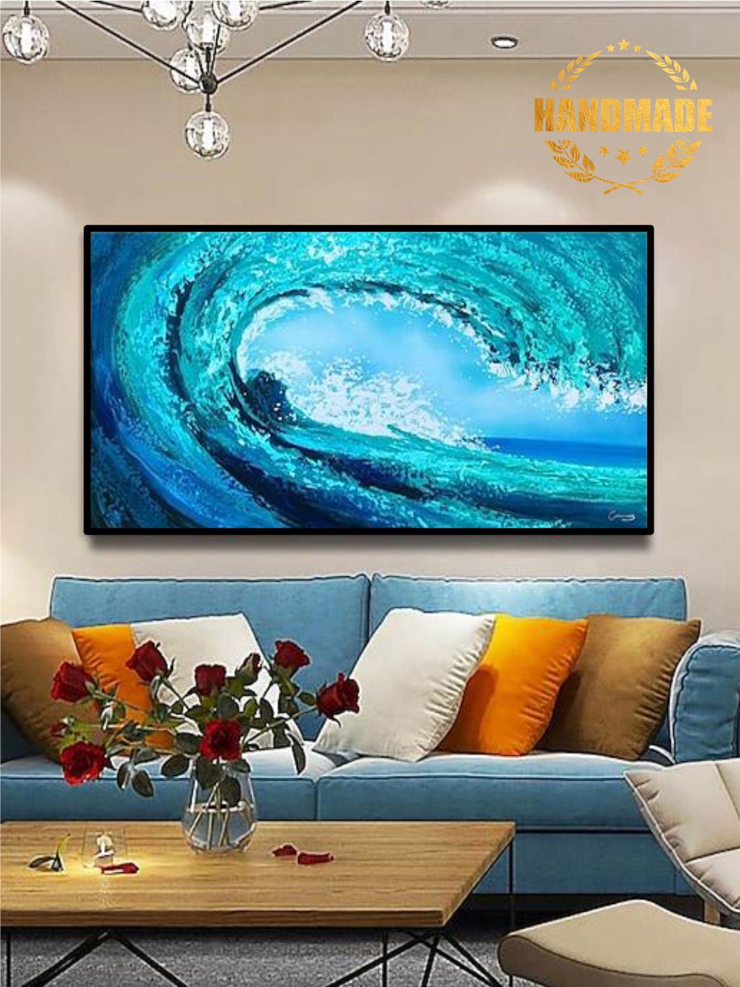 

THE HANDMADE FLAIR Blue & Sea Green Abstract Painting Wall Art